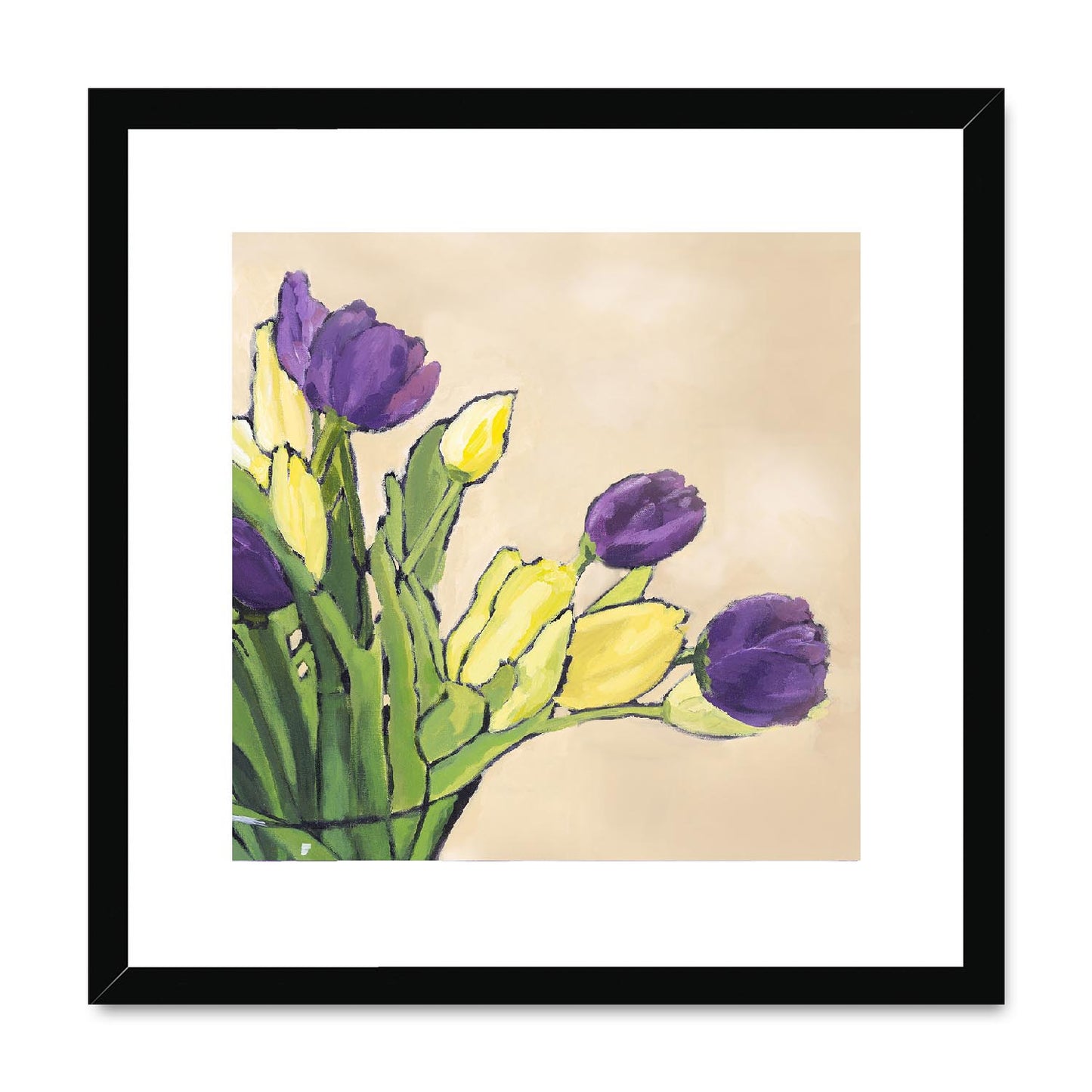 Framed Fine Art Print, White Mat,Purple & Yellow Tulips in Acrylic, FPS-1060-001, 16"x16", Black Frame