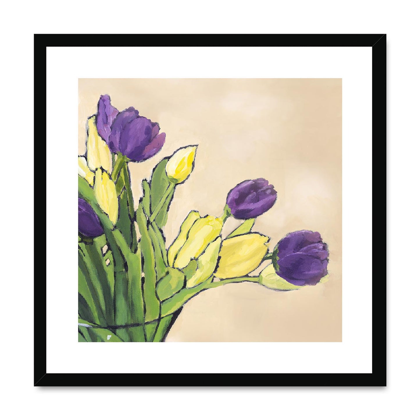 Framed Fine Art Print, White Mat,Purple & Yellow Tulips in Acrylic, FPS-1060-001, 20"x20", Black Frame