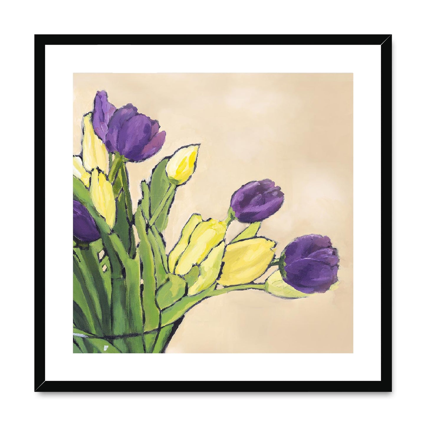 Framed Fine Art Print, White Mat,Purple & Yellow Tulips in Acrylic, FPS-1060-001, 24"x24", Black Frame