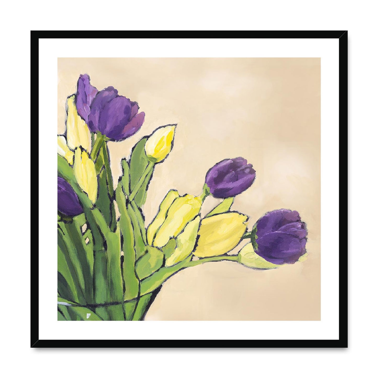 Framed Fine Art Print, White Mat,Purple & Yellow Tulips in Acrylic, FPS-1060-001, 28"x28", Black Frame