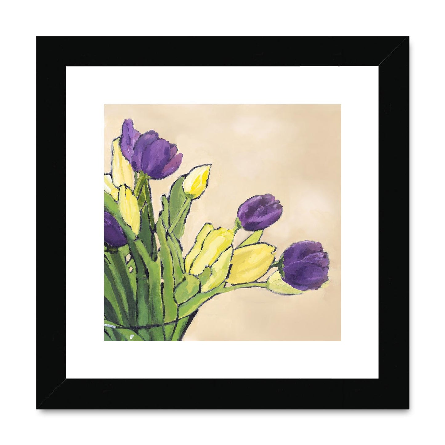 Framed Fine Art Print, White Mat,Purple & Yellow Tulips in Acrylic, FPS-1060-001, 8"x8", Black Frame