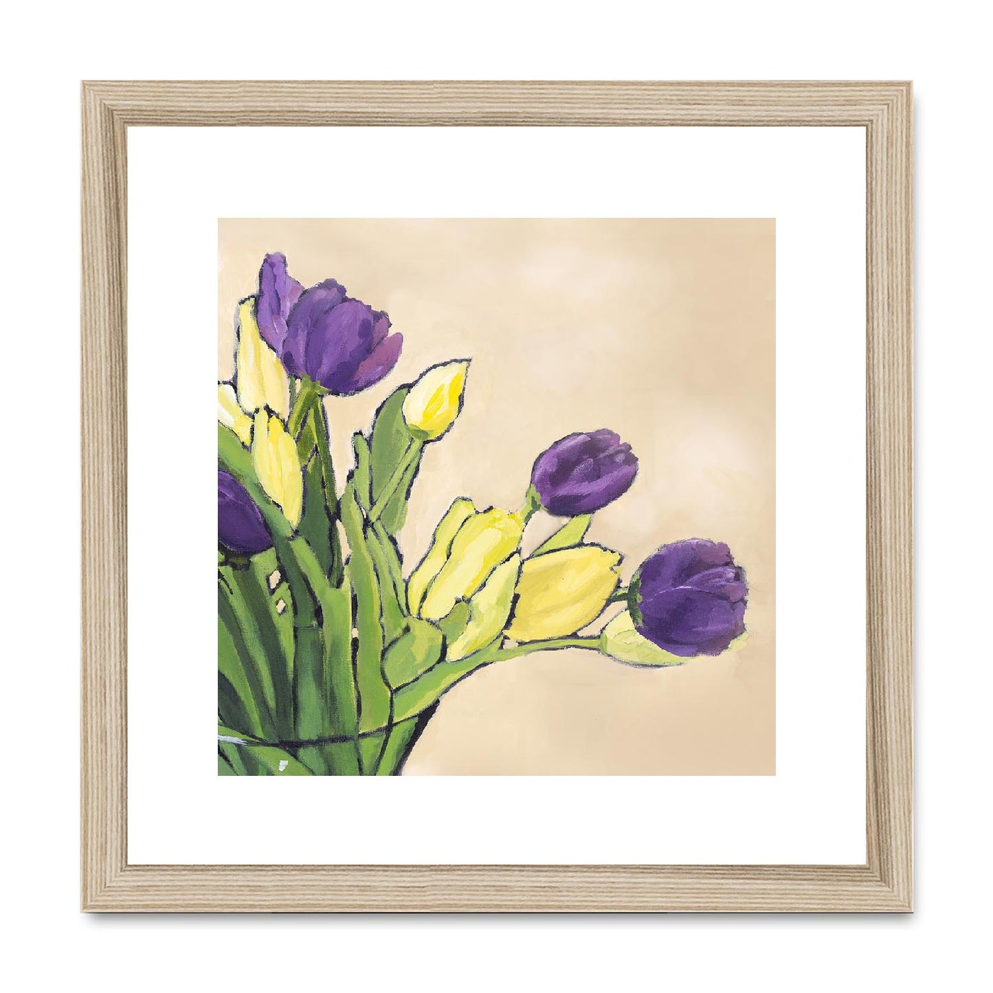 Framed Fine Art Print, White Mat,Purple & Yellow Tulips in Acrylic, FPS-1060-001, 12"x12", Natural Frame