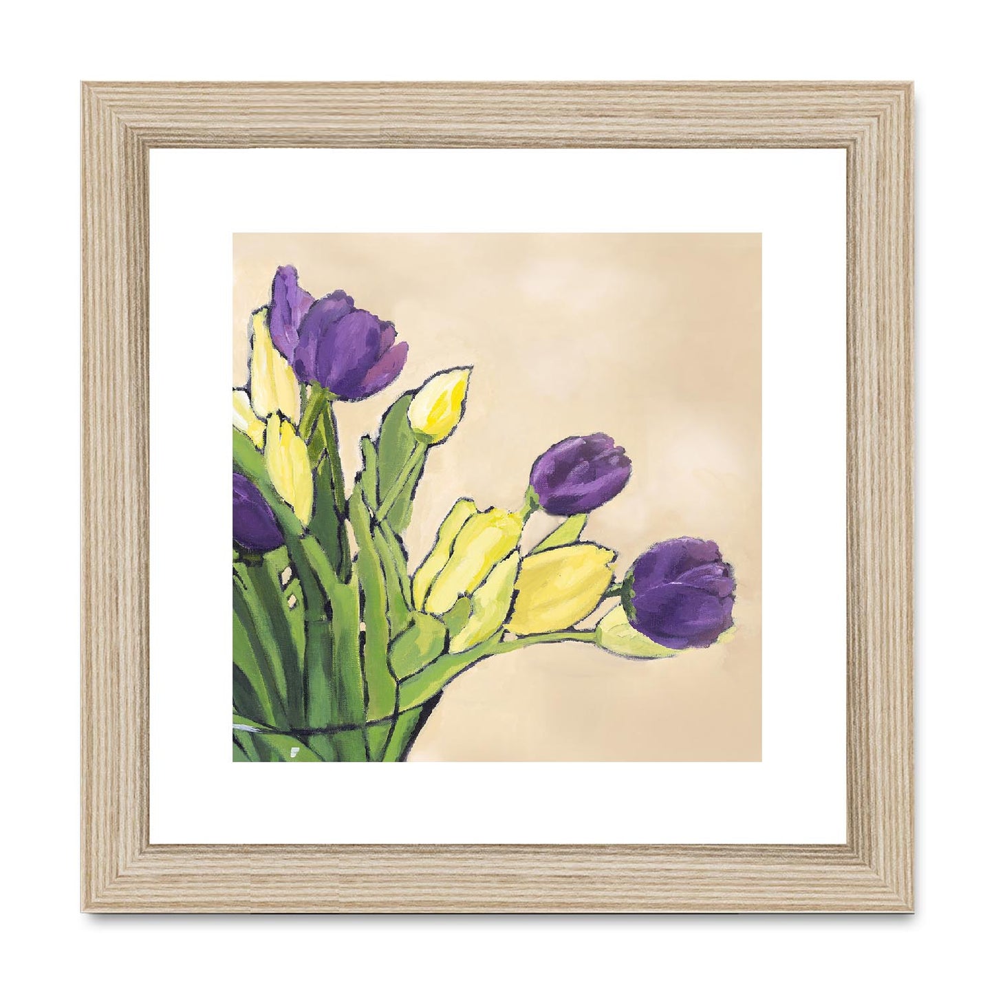 Framed Fine Art Print, White Mat,Purple & Yellow Tulips in Acrylic, FPS-1060-001, 8"x8", Natural Frame