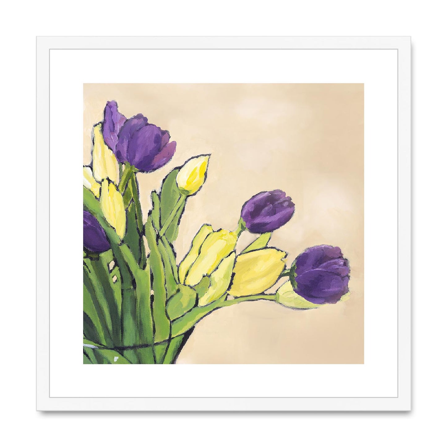 Framed Fine Art Print, White Mat,Purple & Yellow Tulips in Acrylic, FPS-1060-001, 20"x20", White Frame