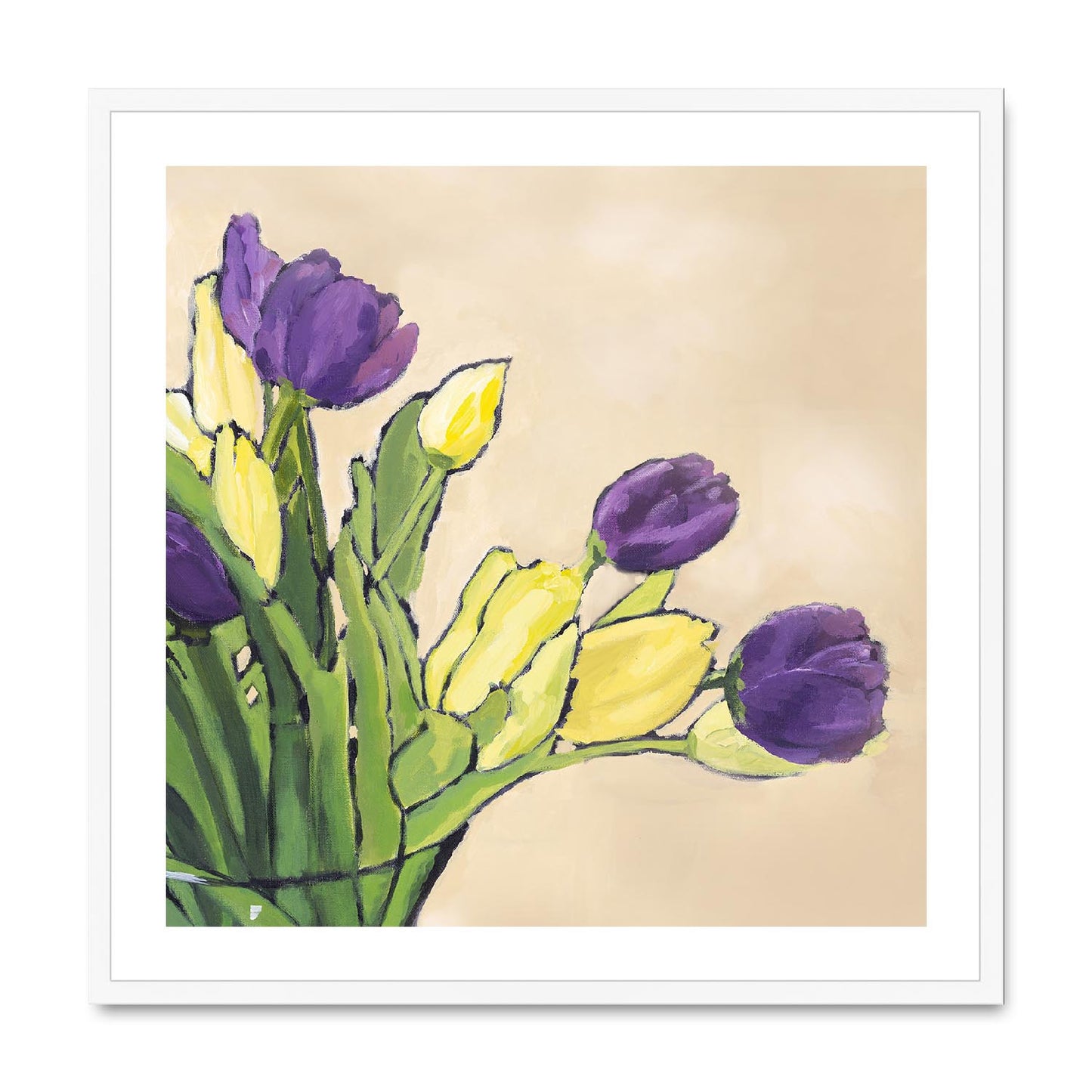 Framed Fine Art Print, White Mat,Purple & Yellow Tulips in Acrylic, FPS-1060-001, 28"x28", White Frame