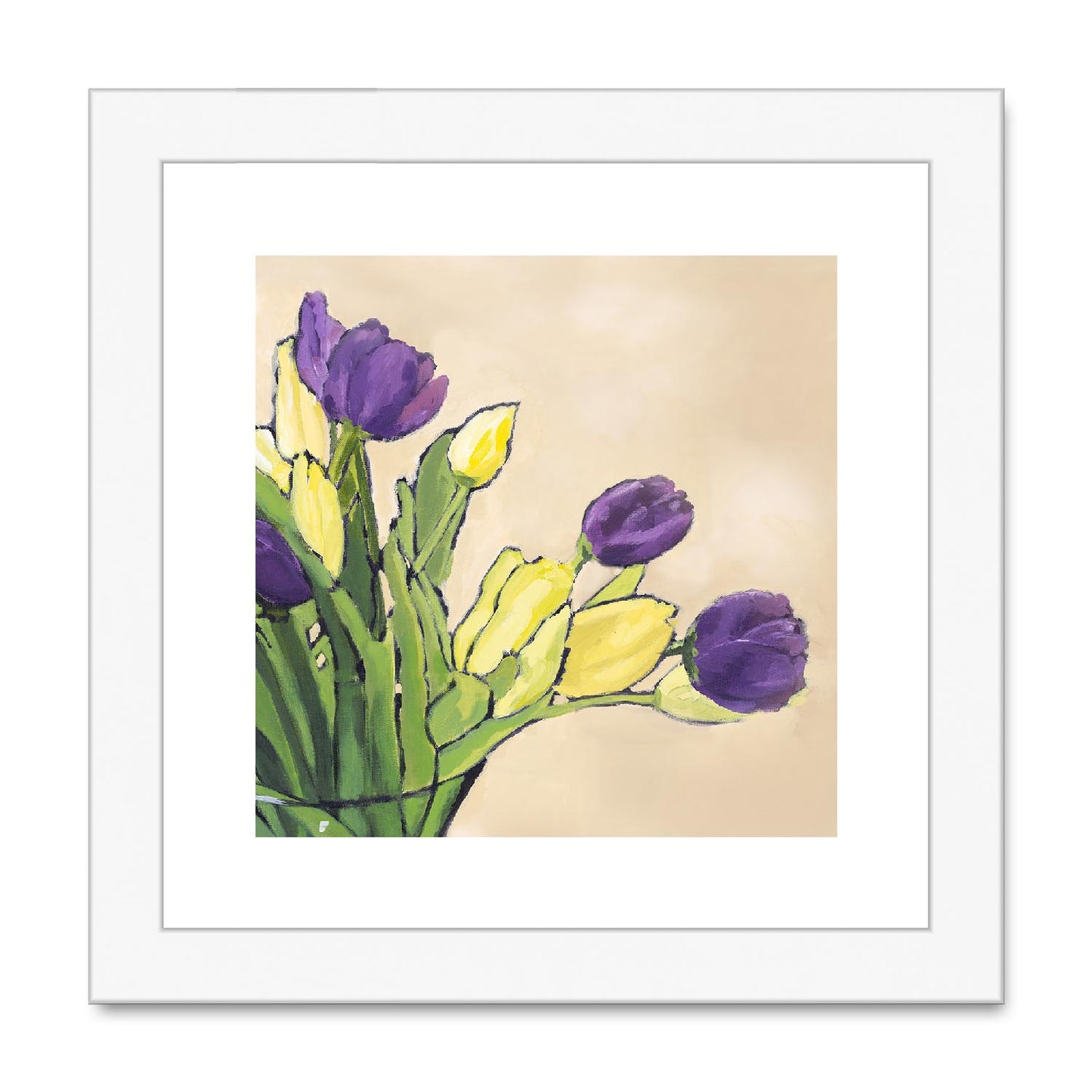 Framed Fine Art Print, White Mat,Purple & Yellow Tulips in Acrylic, FPS-1060-001, 8"x8", White Frame