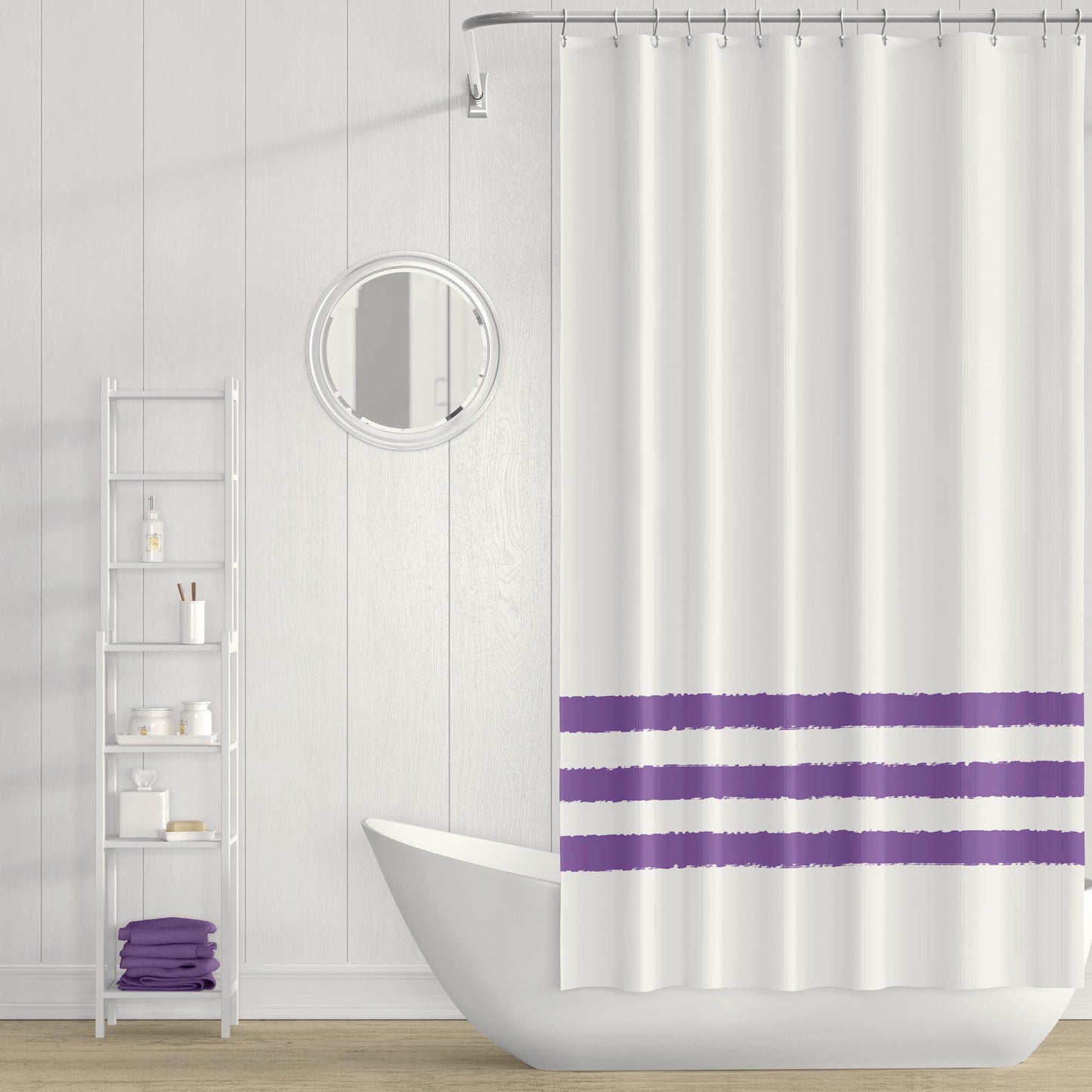 White Polyester Shower Curtain with Purple Hand-painted Brush Stroke Print #SC-1061-100