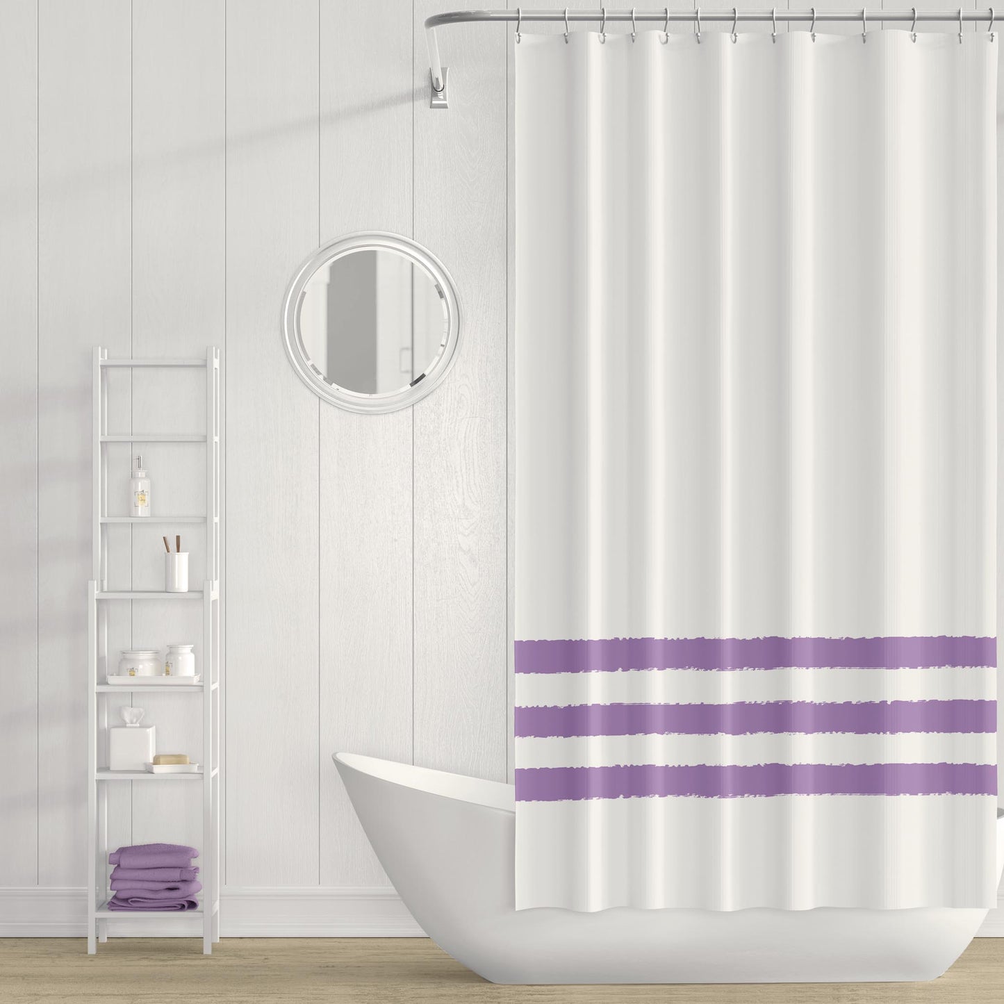 White Polyester Shower Curtain with Medium-Purple Hand-painted Brush Stroke Print #SC-1061-200