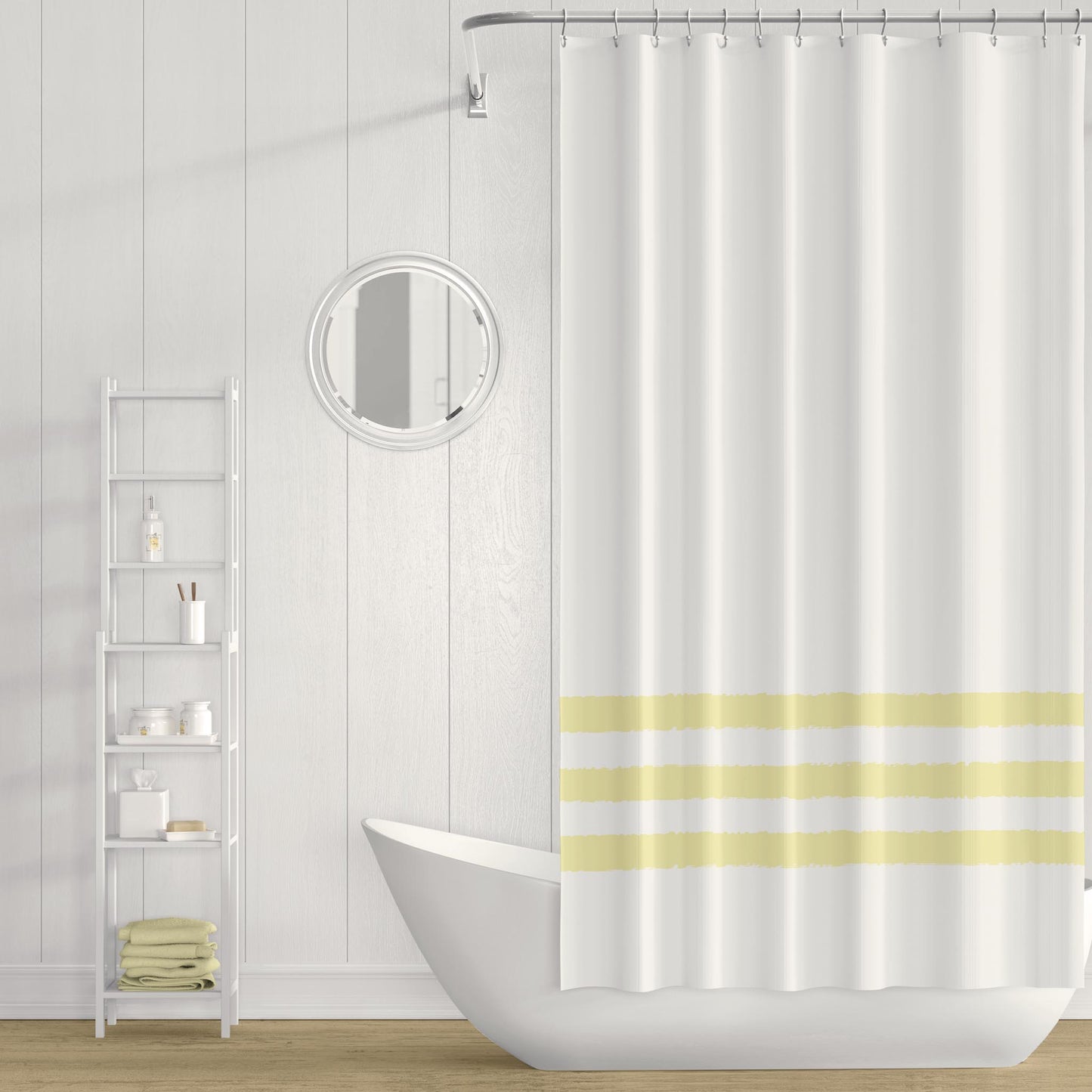 White Shower Curtain with Yellow Hand-painted Stripe Print | SC-1062-500