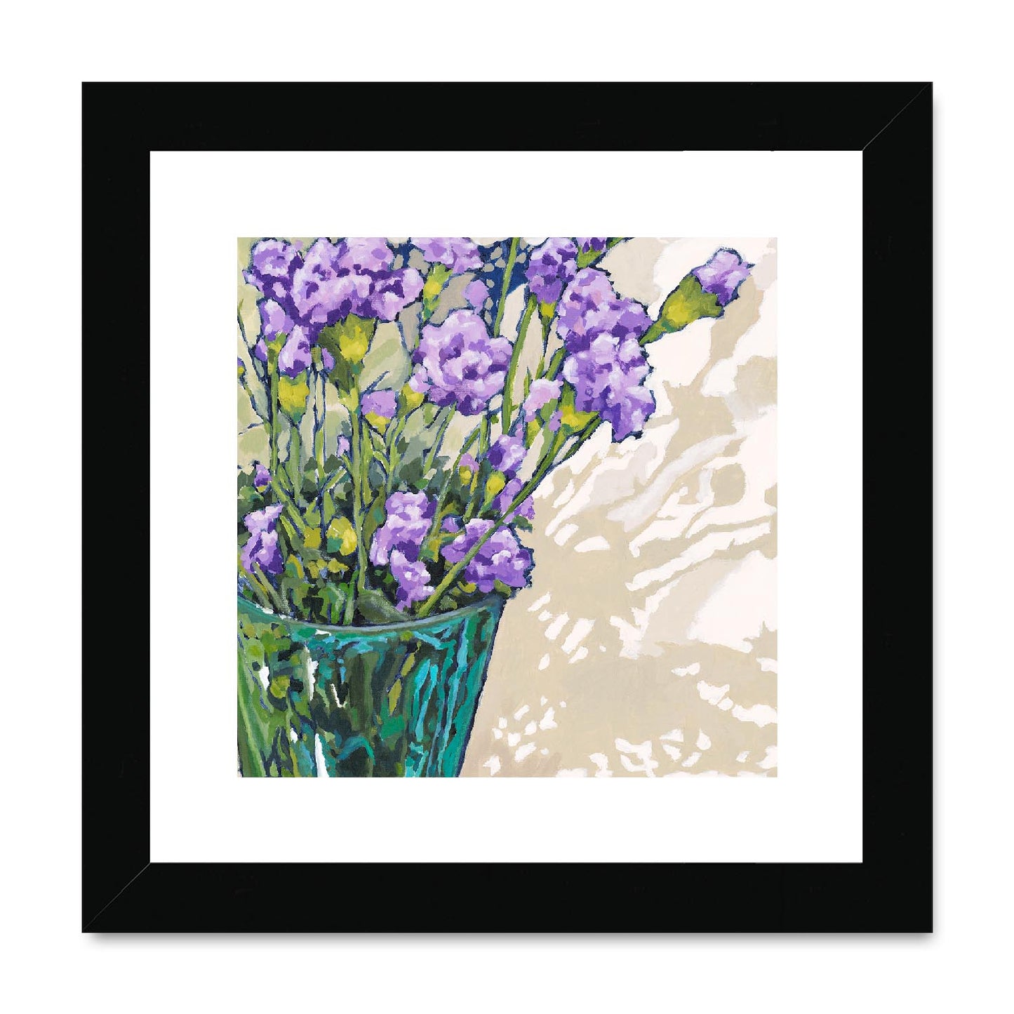 Framed Fine Art Print, White Mat,Mauve Carnations in Acrylic, FPS-1070, 8"x8", Black Frame