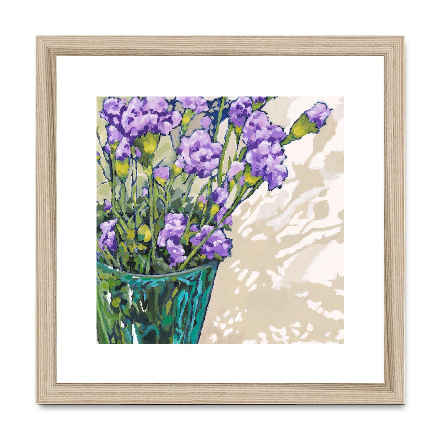 Framed Fine Art Print, White Mat,Mauve Carnations in Acrylic, FPS-1070, 12"x12", Natural Frame