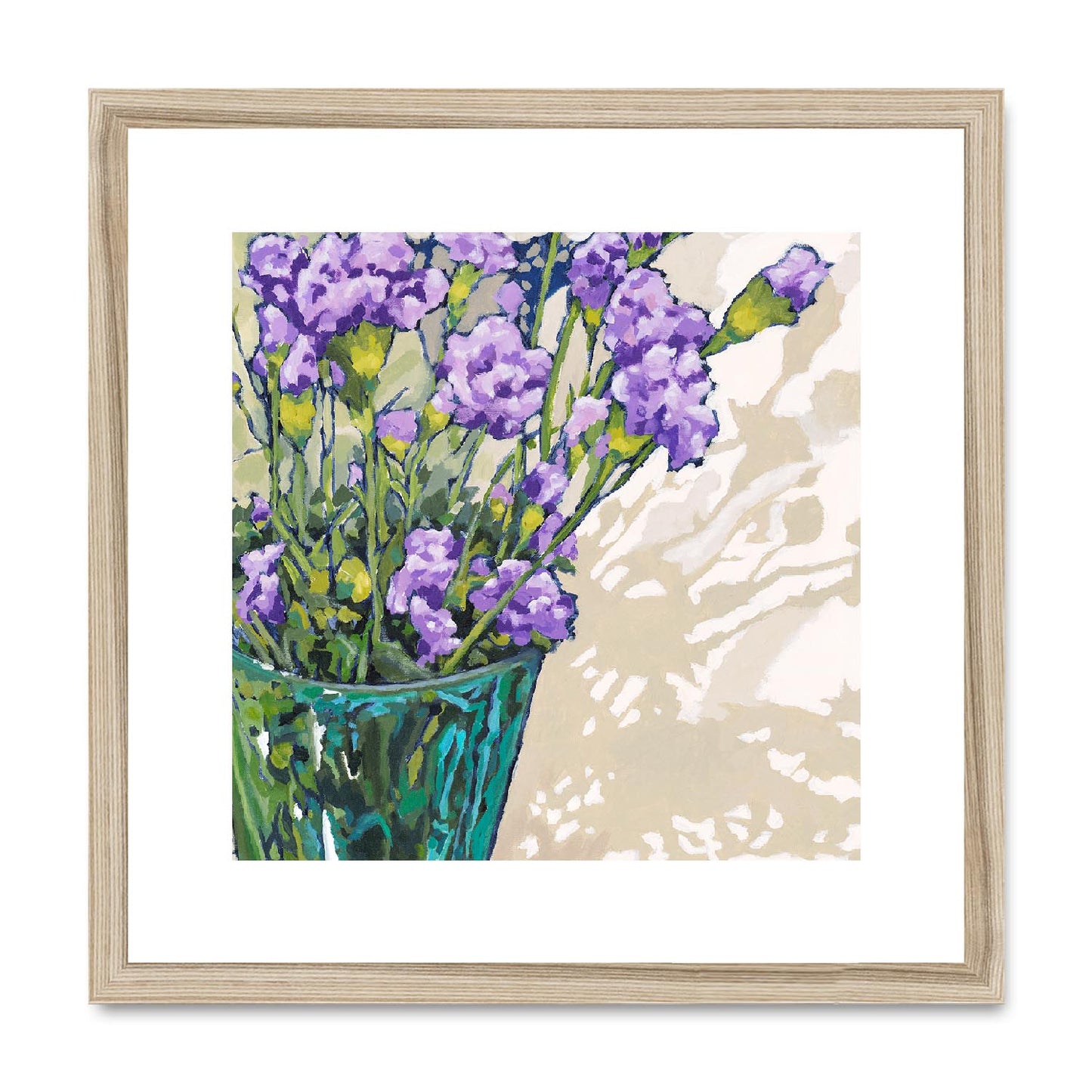 Framed Fine Art Print, White Mat,Mauve Carnations in Acrylic, FPS-1070, 16"x16", Natural Frame