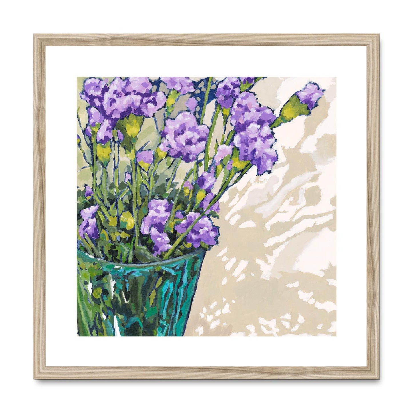 Framed Fine Art Print, White Mat,Mauve Carnations in Acrylic, FPS-1070, 20"x20", Natural Frame