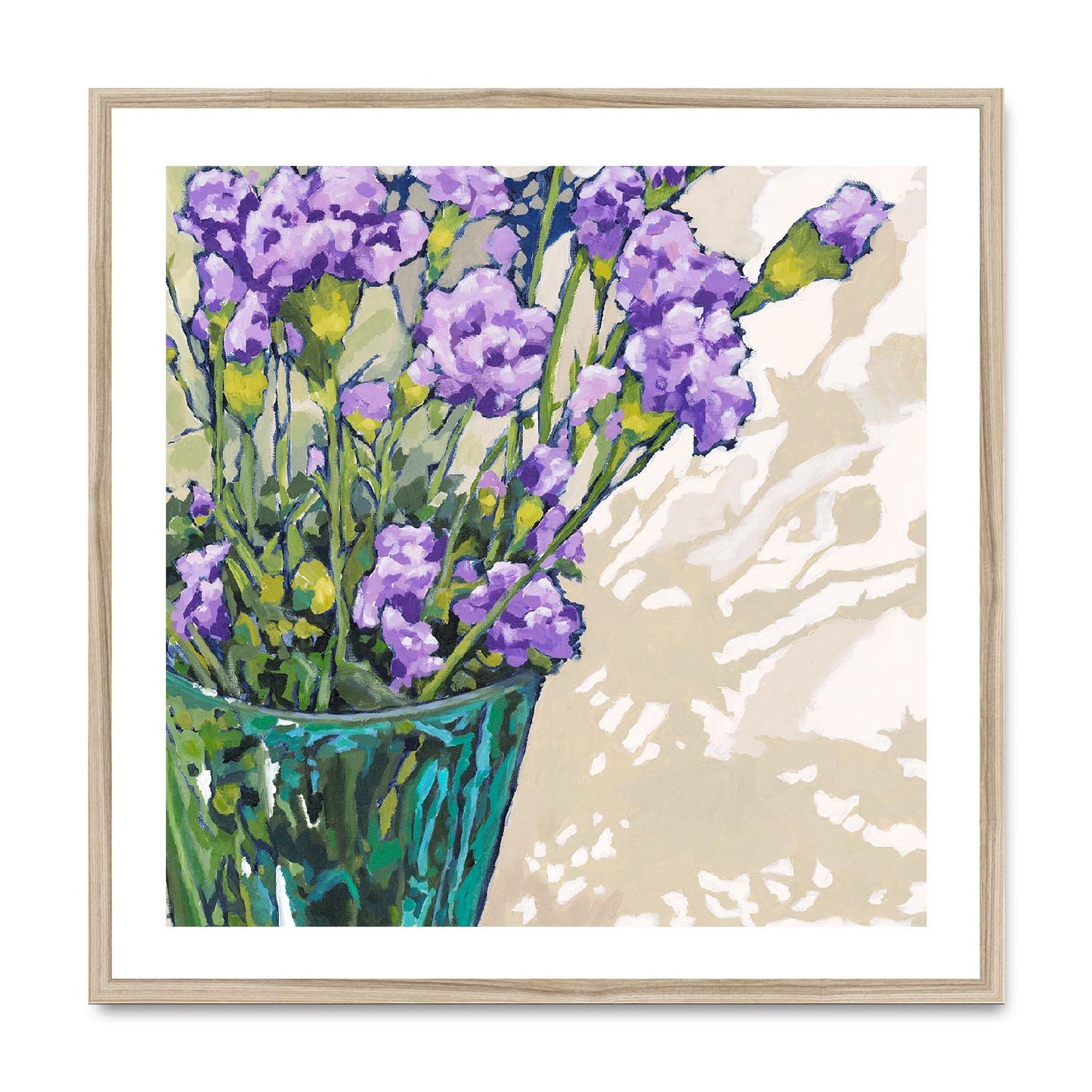 Framed Fine Art Print, White Mat,Mauve Carnations in Acrylic, FPS-1070, 28"x28", Natural Frame