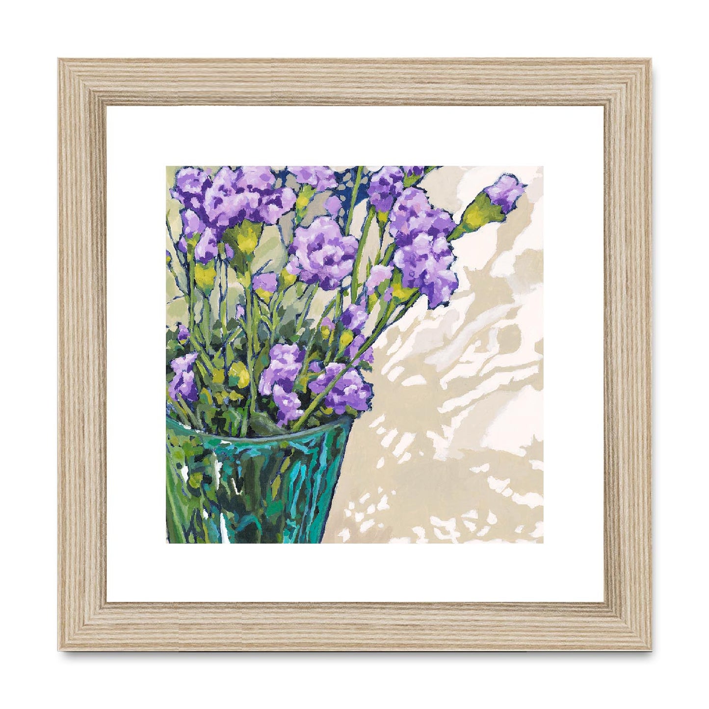 Framed Fine Art Print, White Mat,Mauve Carnations in Acrylic, FPS-1070, 8"x8", Natural Frame