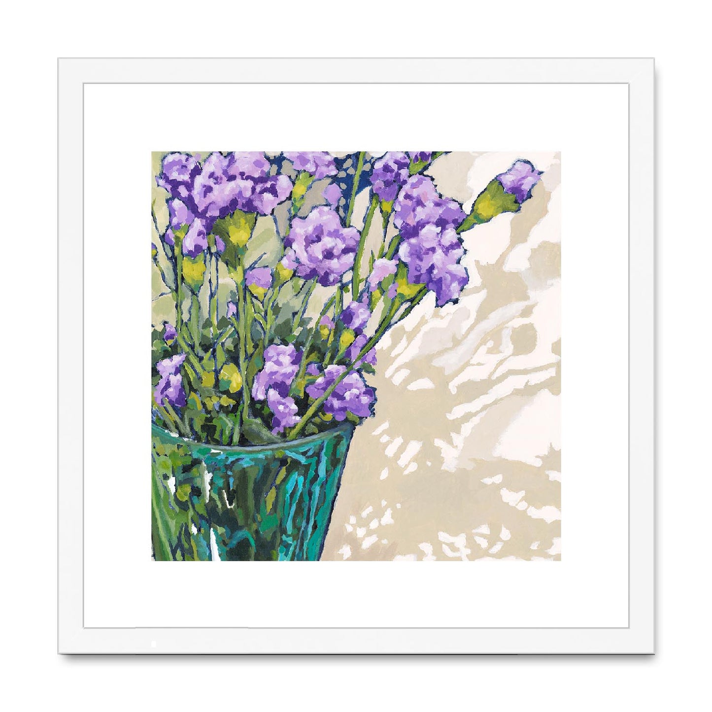 Framed Fine Art Print, White Mat,Mauve Carnations in Acrylic, FPS-1070, 16"x16", White Frame