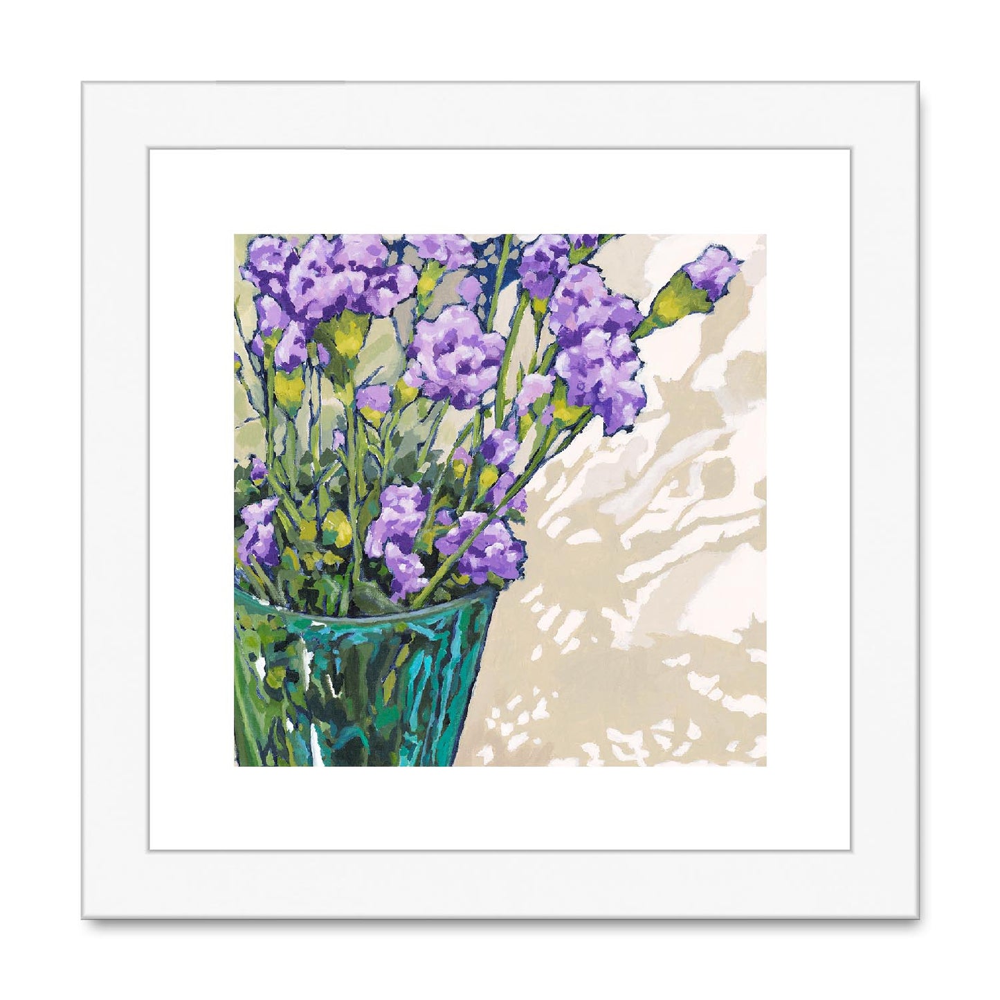 Framed Fine Art Print, White Mat,Mauve Carnations in Acrylic, FPS-1070, 8"x8", White Frame