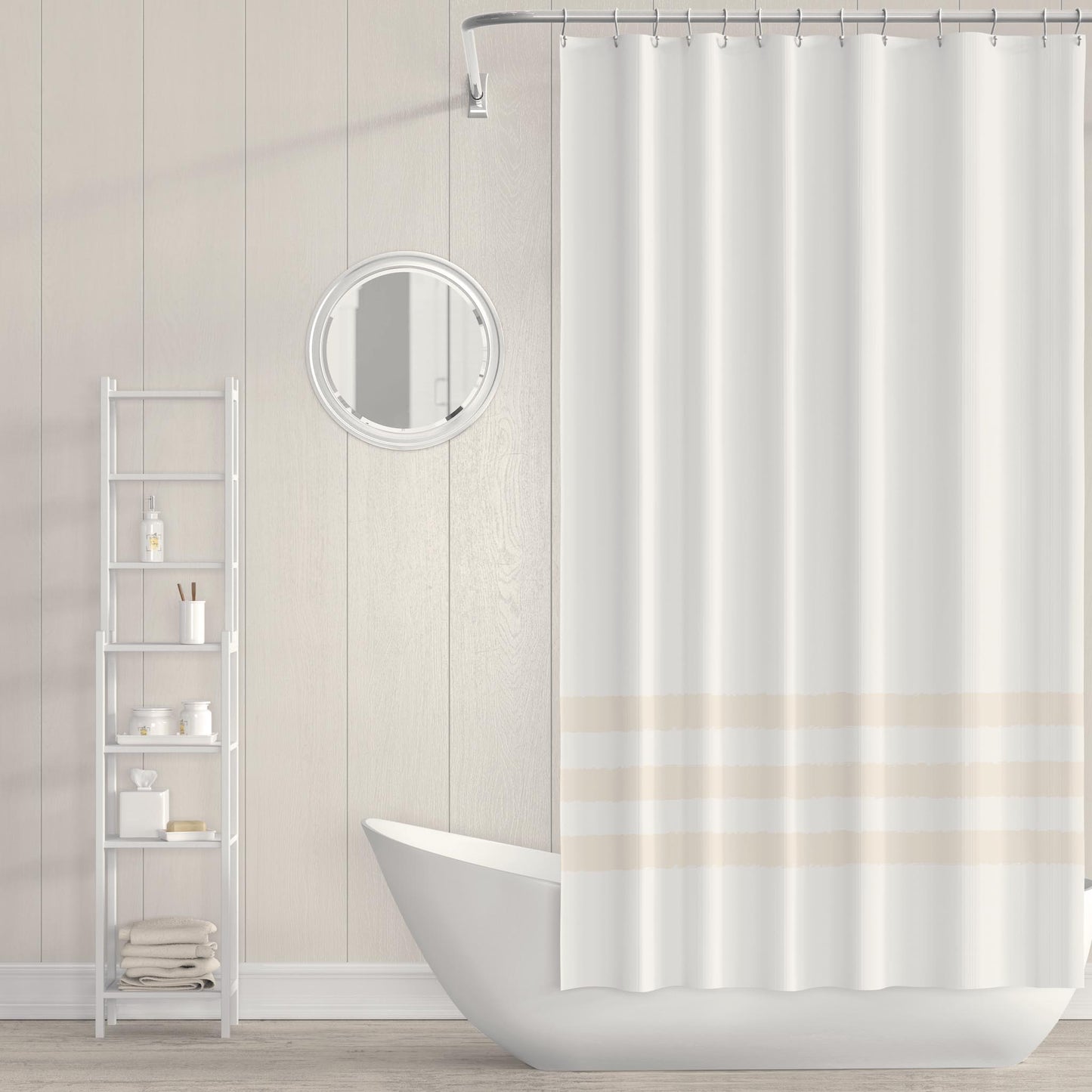 White Polyester Shower Curtain with Beige Hand-painted Brush Stroke Print #SC-1072-500