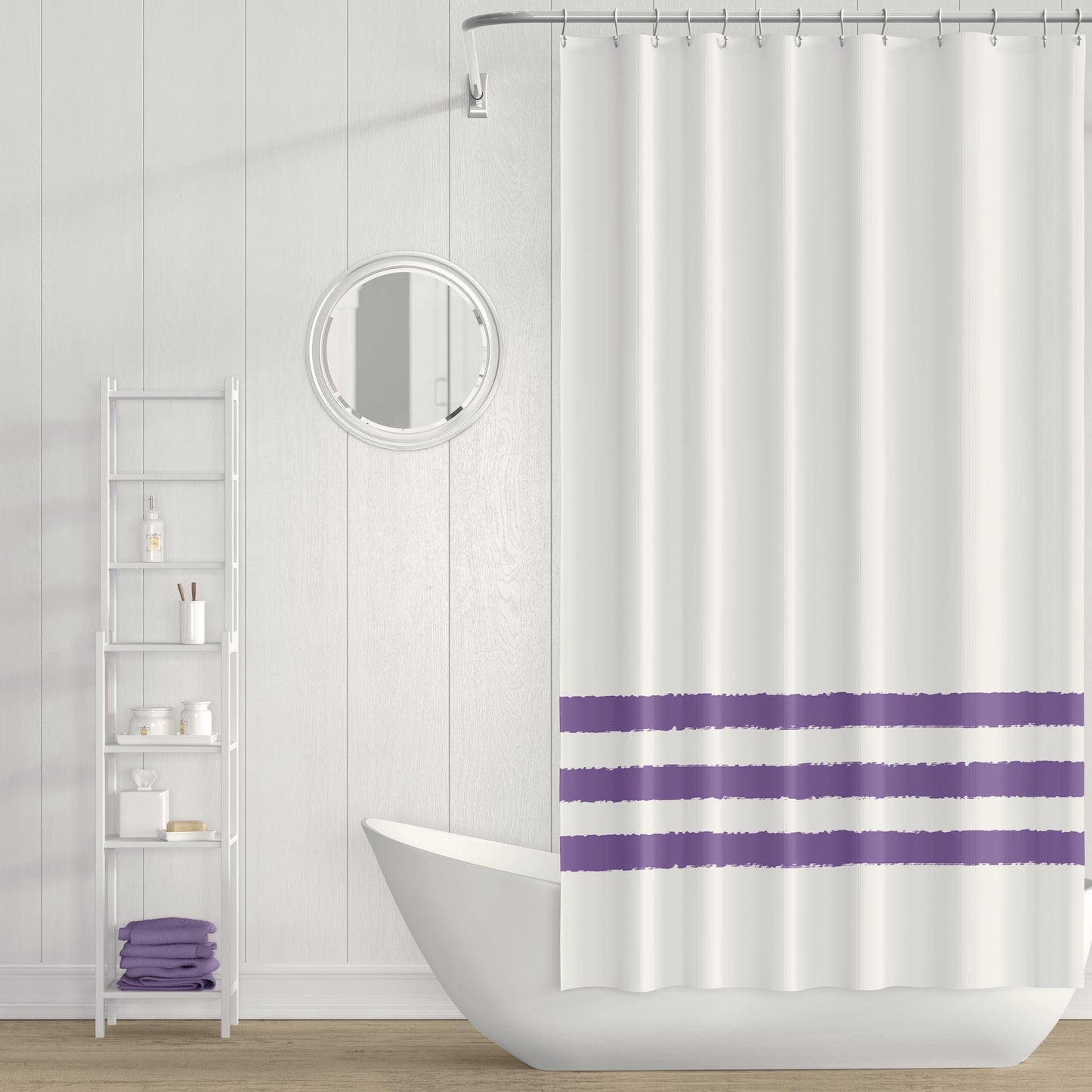White Shower Curtain with Purple Hand-painted Stripe Print | SC-1072-175
