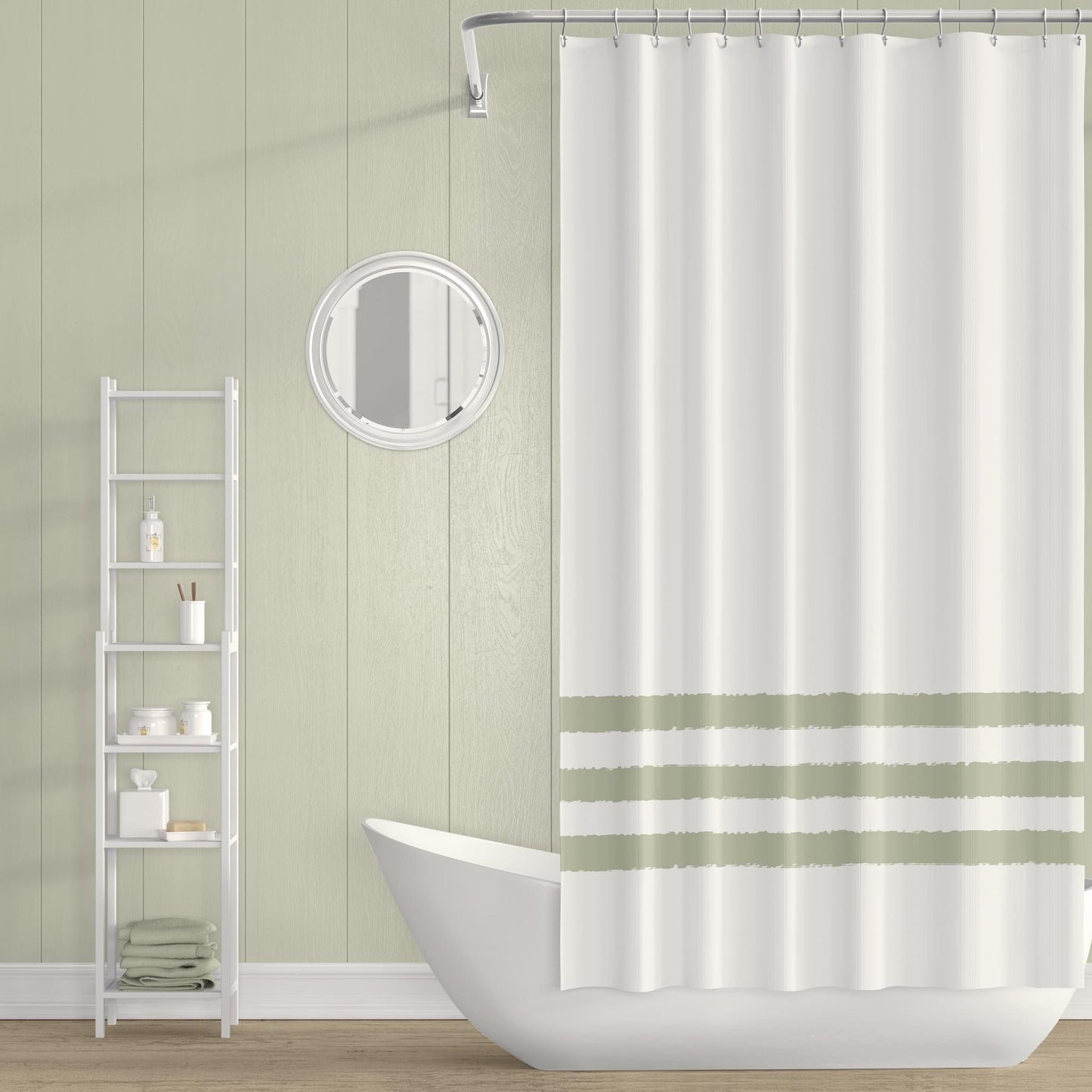 White Shower Curtain with Green Hand-painted Stripe Print | SC-1072-275