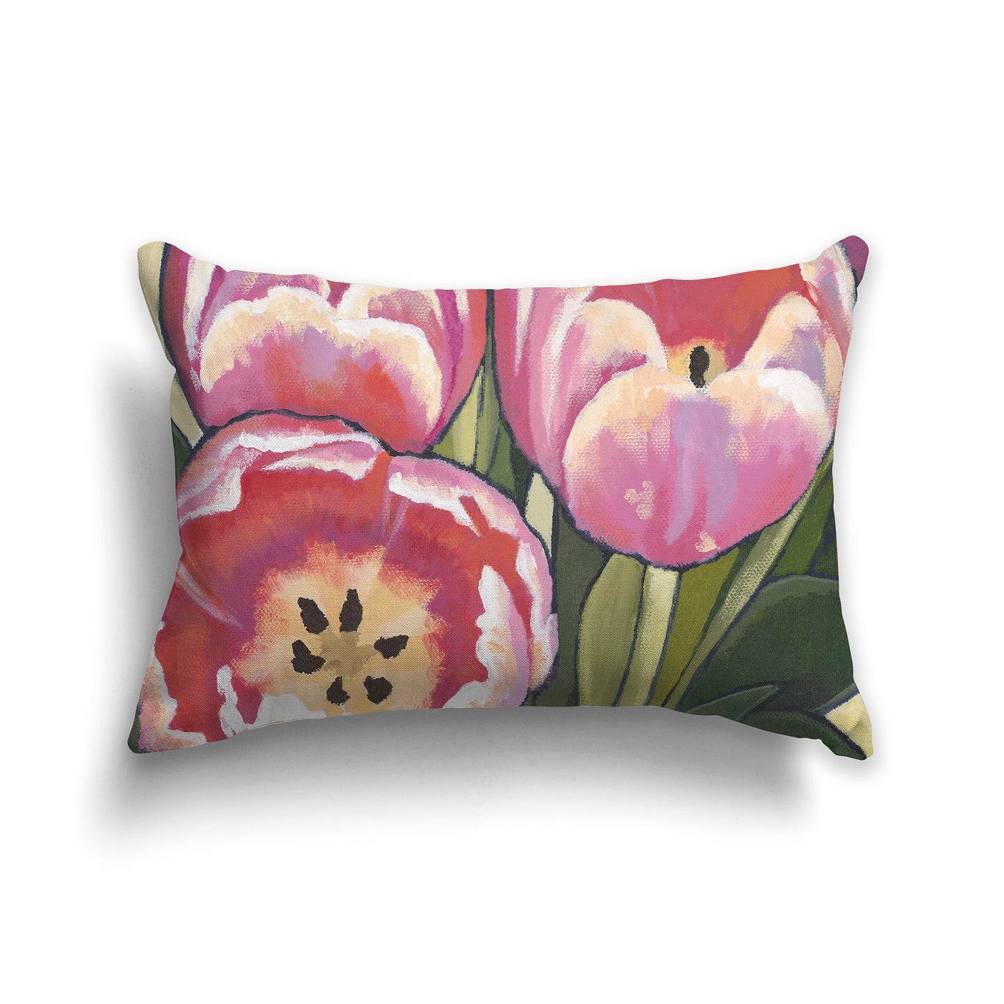 Lumbar Throw Pillow with fine art painting of Pink Tulips