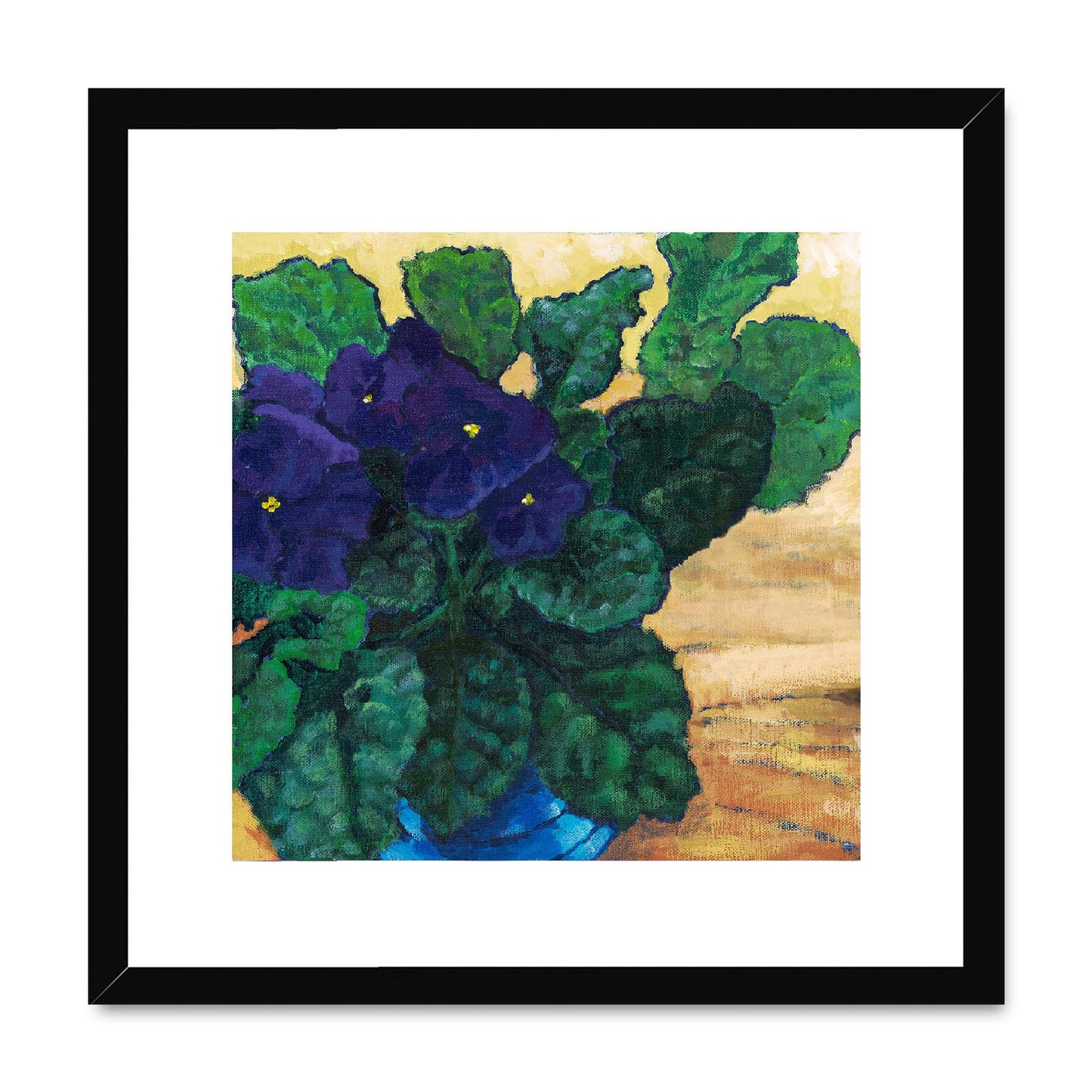 Framed Fine Art Print, White Mat,African Violets in Acrylic, FPS-1090, 16"x16", Black Frame