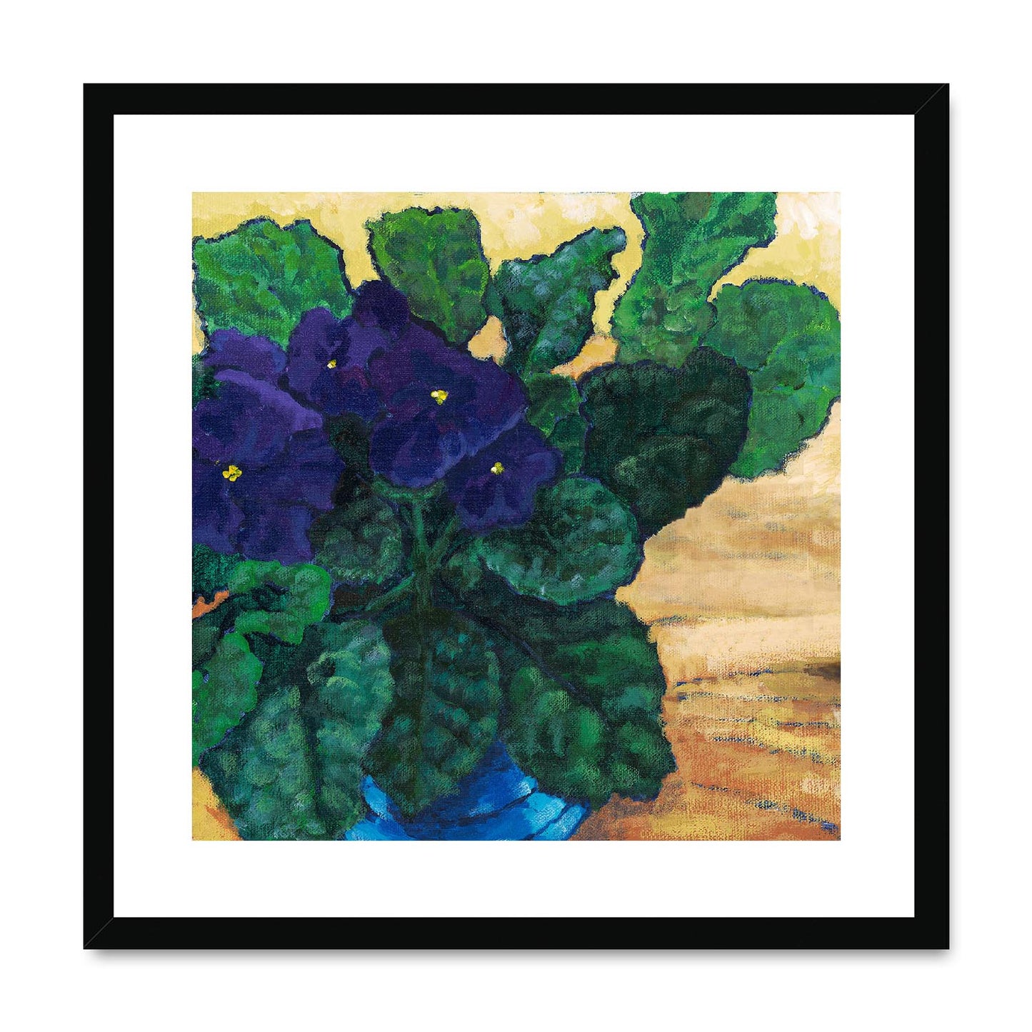 Framed Fine Art Print, White Mat,African Violets in Acrylic, FPS-1090, 20"x20", Black Frame