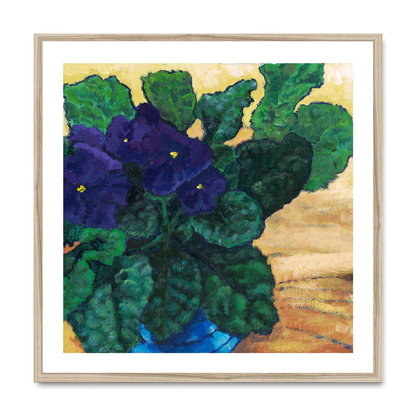 Framed Fine Art Print, White Mat,African Violets in Acrylic, FPS-1090, 28"x28", Natural Frame