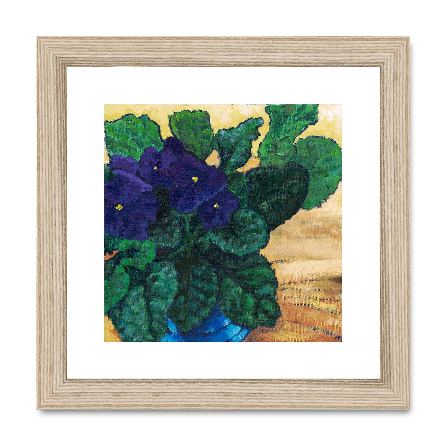 Framed Fine Art Print, White Mat,African Violets in Acrylic, FPS-1090, 8"x8", Natural Frame