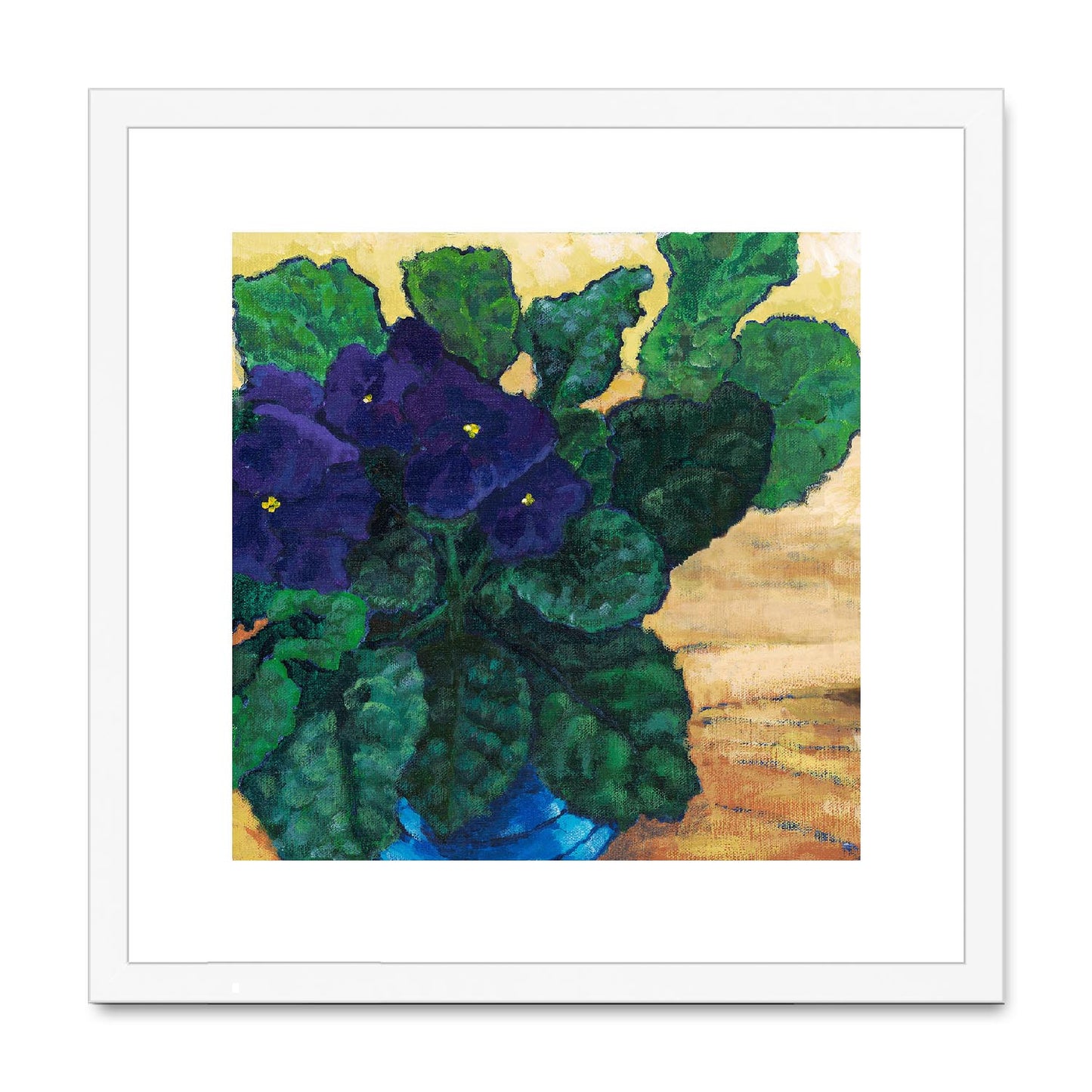 Framed Fine Art Print, White Mat,African Violets in Acrylic, FPS-1090, 16"x16", White Frame