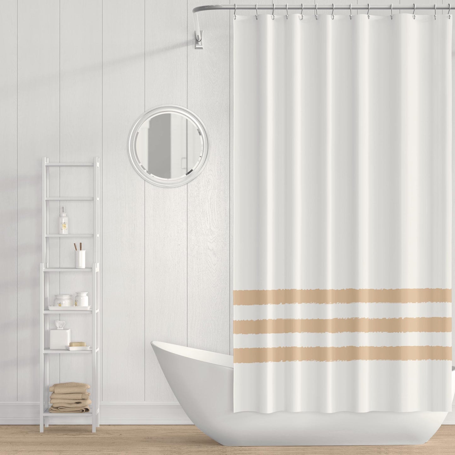 White Polyester Shower Curtain with Tan Hand-painted Brush Stroke Print #SC-1091-500
