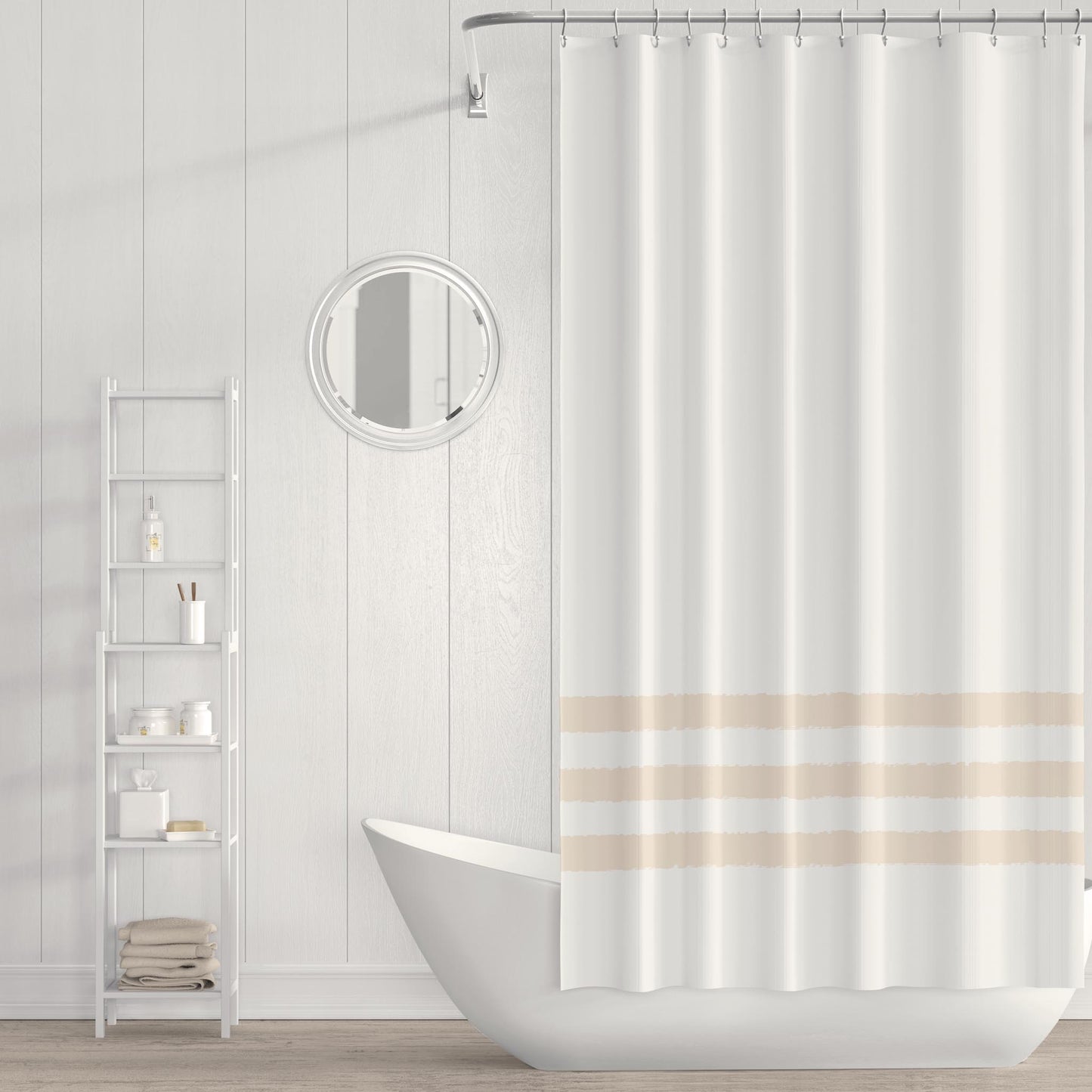 White Shower Curtain with Light Tan Hand-painted Stripe Print | SC-1091-550