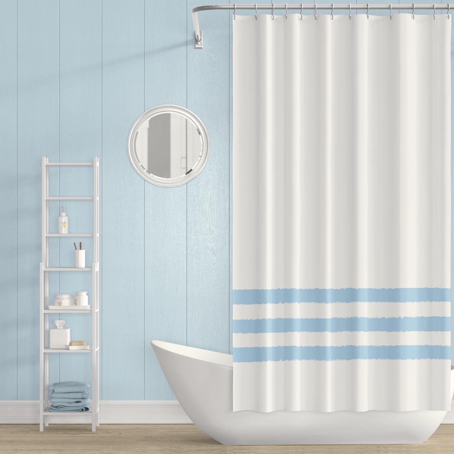 White Polyester Shower Curtain with Light Blue Hand-painted Brush Stroke Print #SC-1101-200
