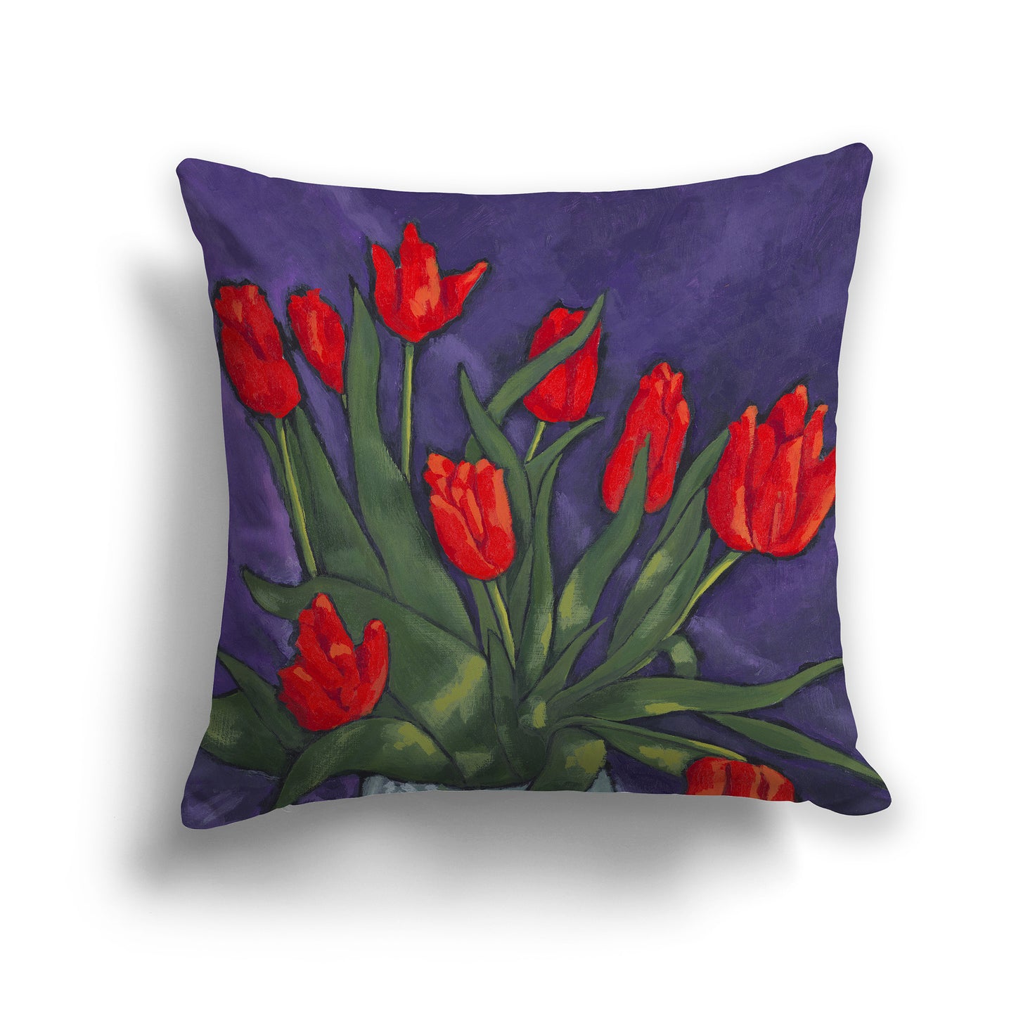 Square Throw Pillow with a fine art painting of Red Tulips with green leaves on a purple background