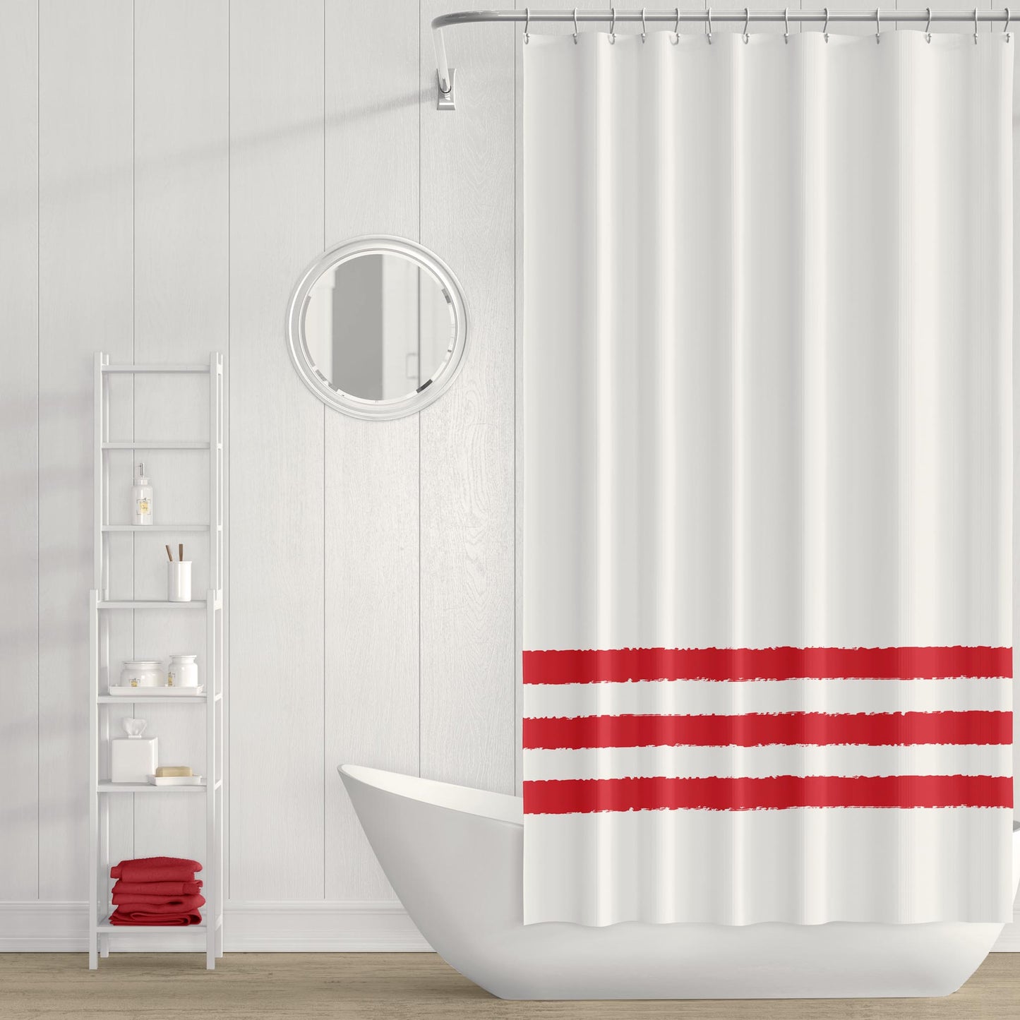 White Polyester Shower Curtain with Red Hand-painted Brush Stroke Print #SC-1111-100