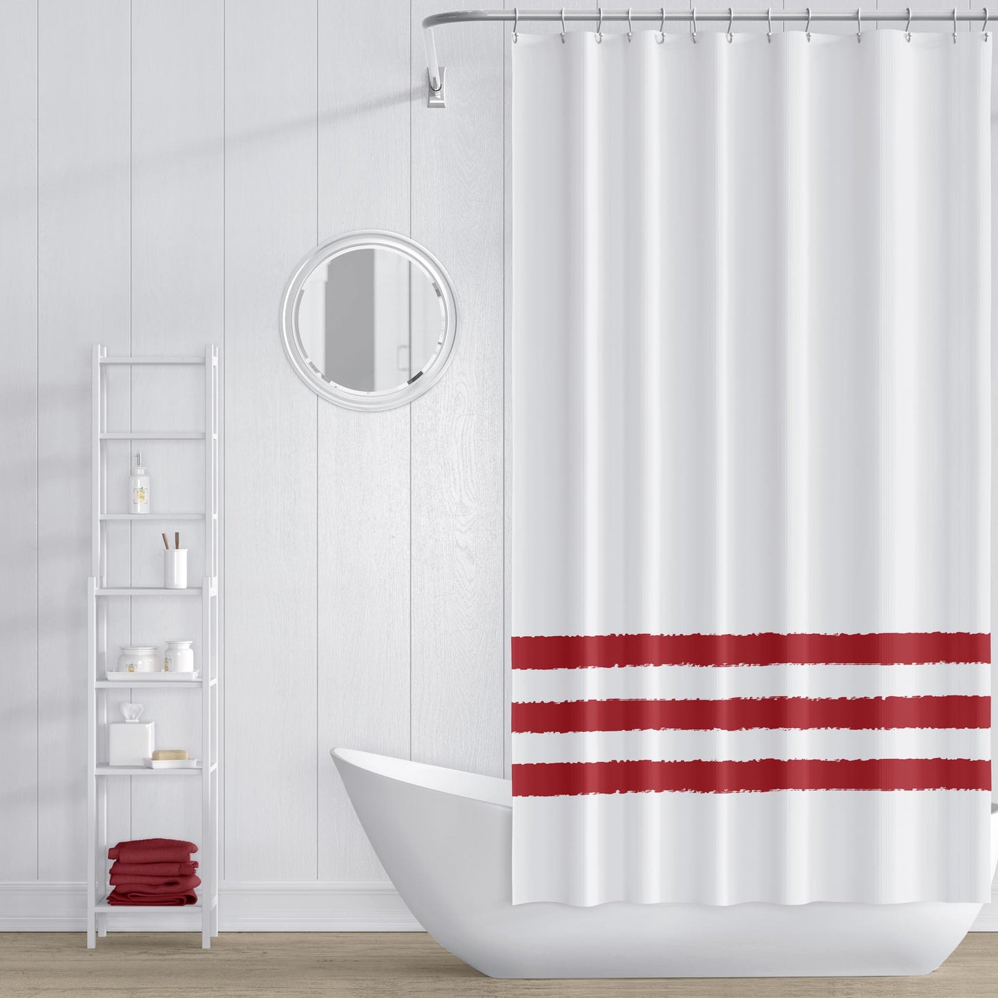 White Polyester Shower Curtain with Deep Red Hand-painted Brush Stroke Print #SC-1111-600