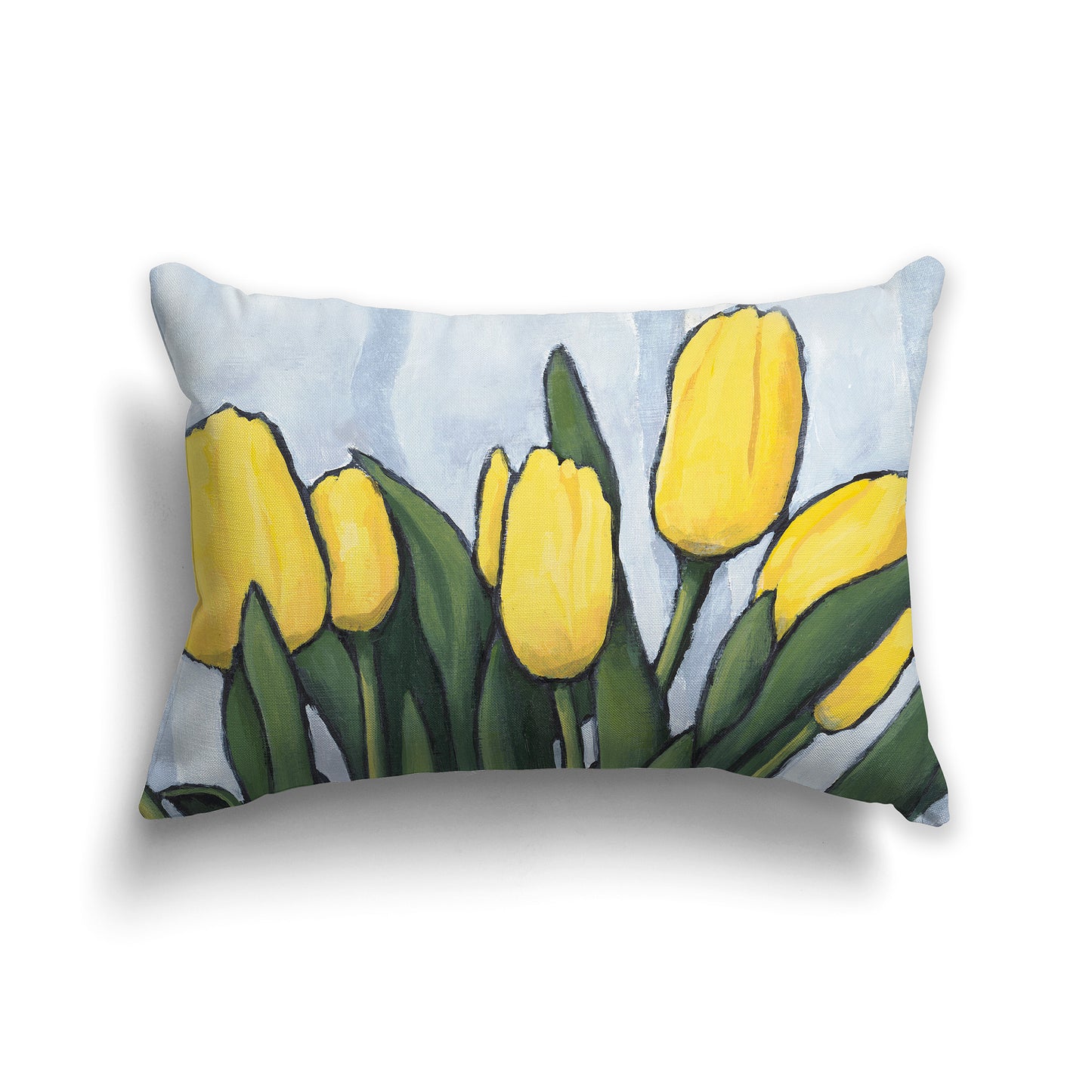 Lumbar Throw Pillow with a fine art painting of Yellow Tulips with green leaves on a grey background