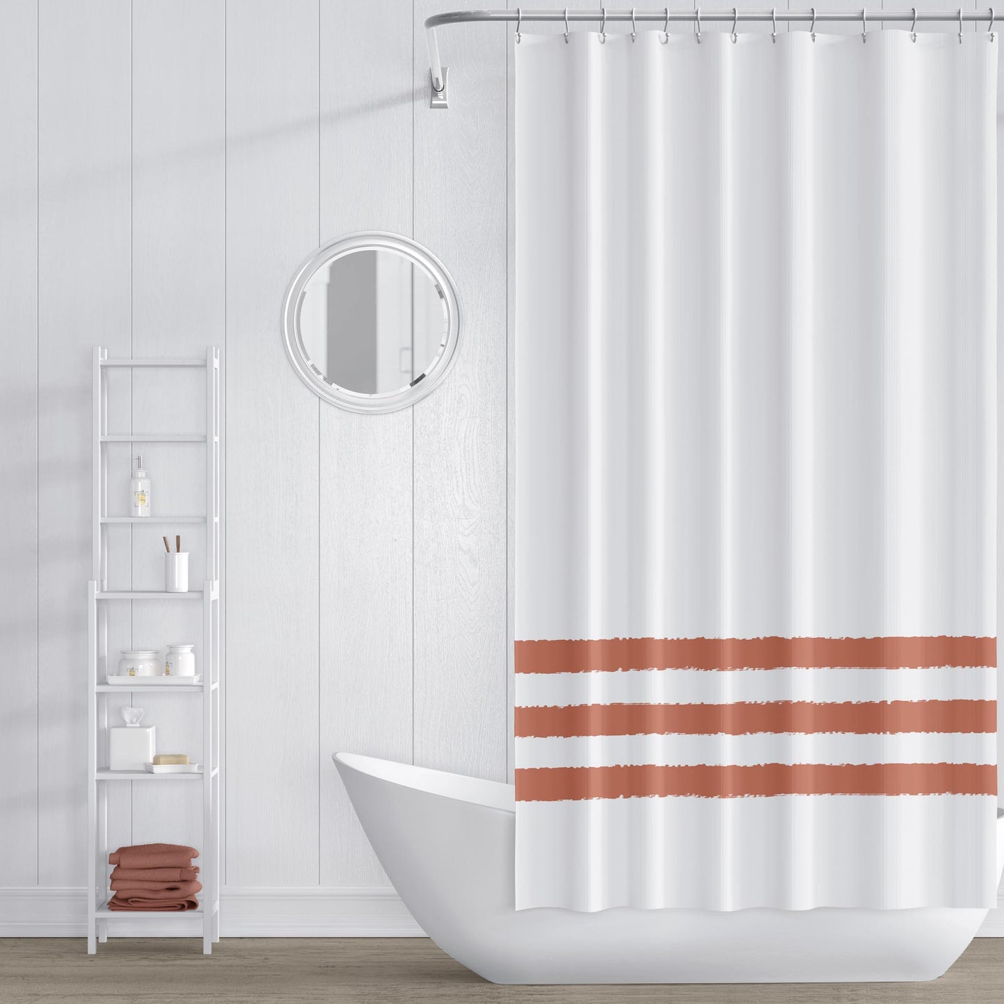 White Shower Curtain with Red-orange Hand-painted Stripe Print | SC-1135-167