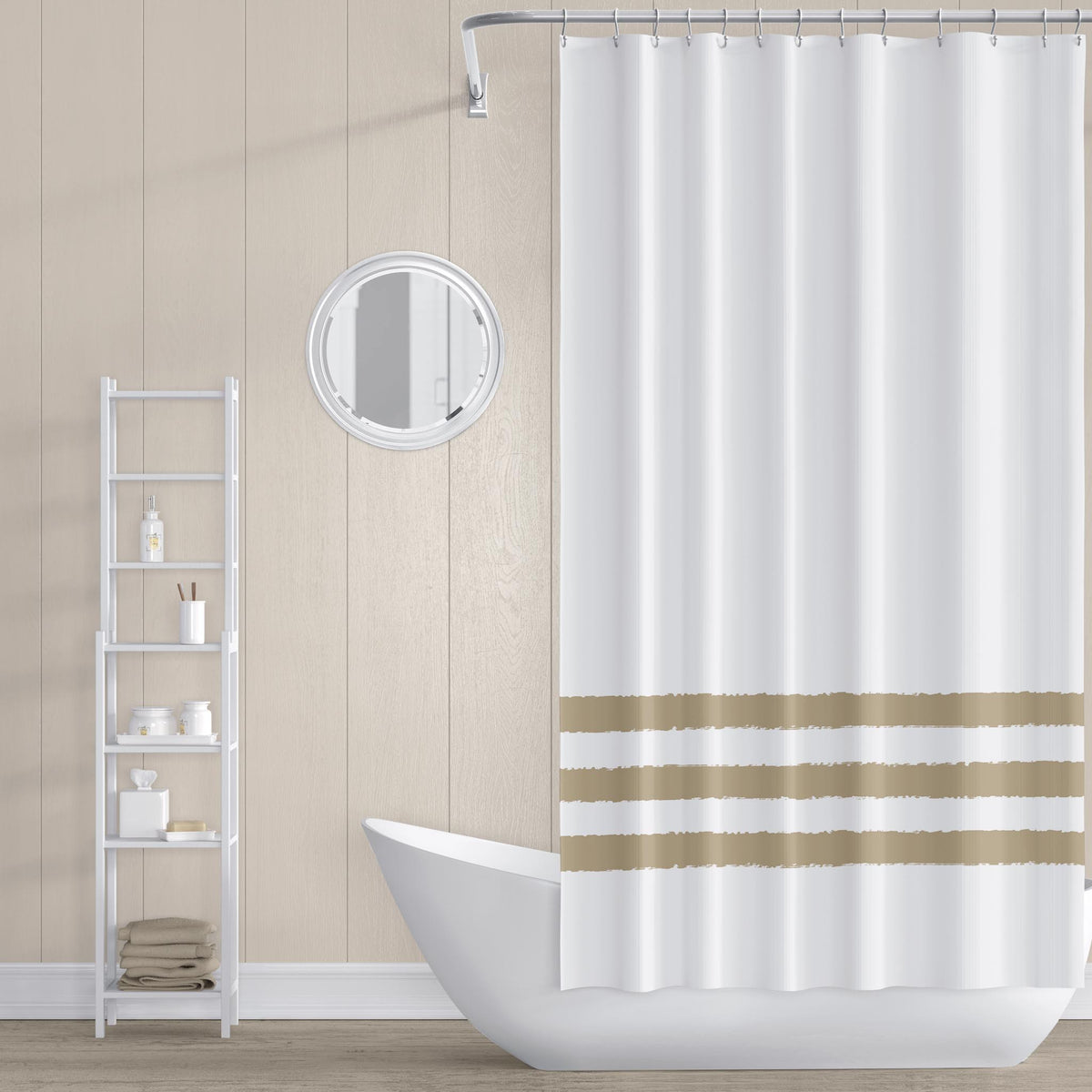 White Polyester Shower Curtain with Light Olive Green Hand-painted Brush Stroke Print | Styled in Bright Coastal Bathroom with Shiplap Walls, Freestanding Oval Bathtub, Ladder Shelf with Folded Towels and Toiletries, and Round Porthole Mirror