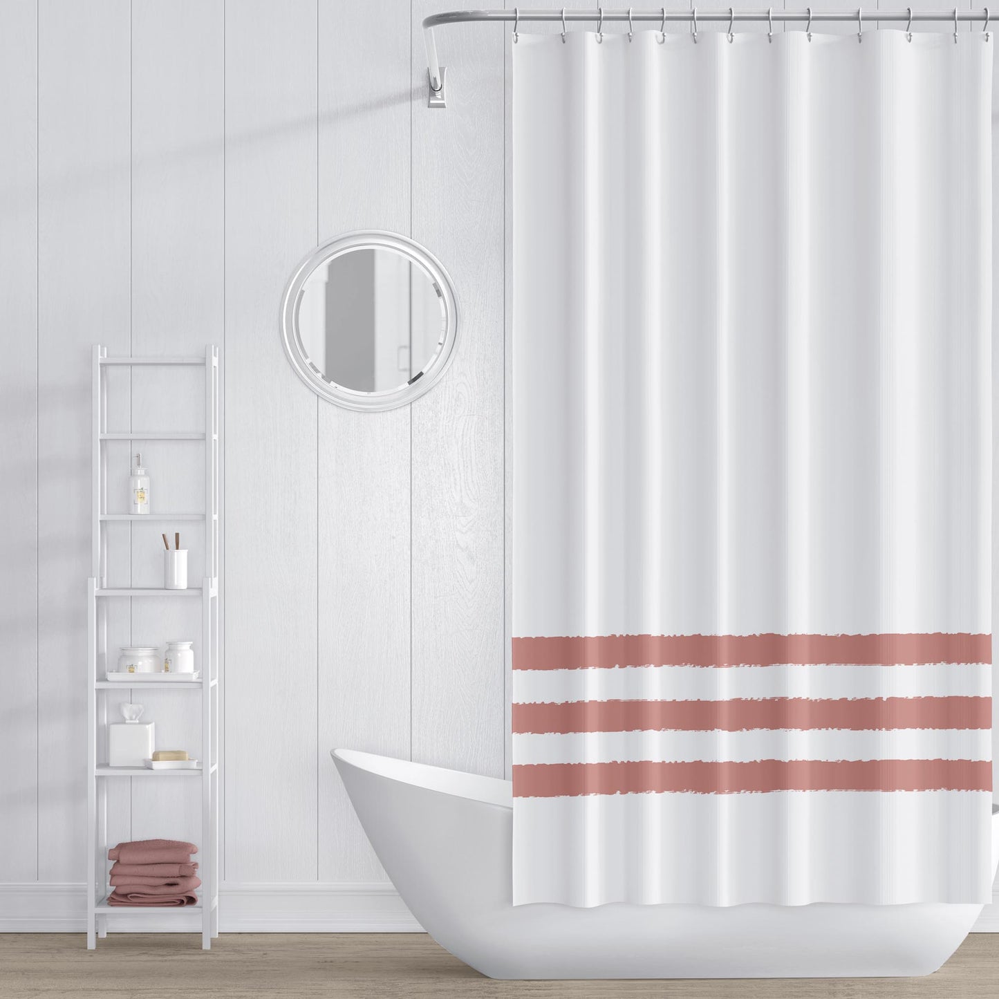 White Shower Curtain with Dusty Rose Hand-painted Stripe Print | SC-1137-B67