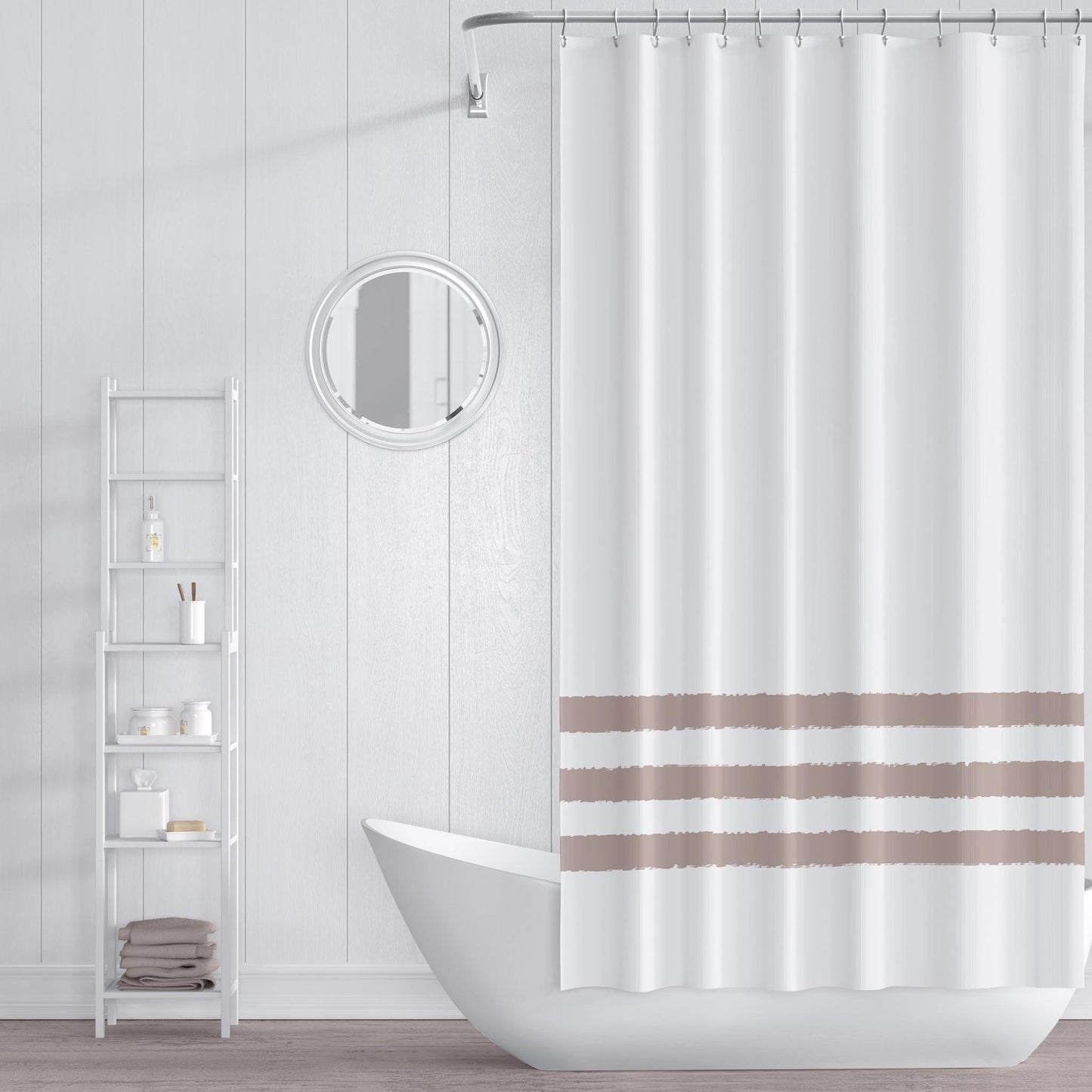 White Polyester Shower Curtain with Dark Taupe Hand-painted Brush Stroke Print #SC-1138-200