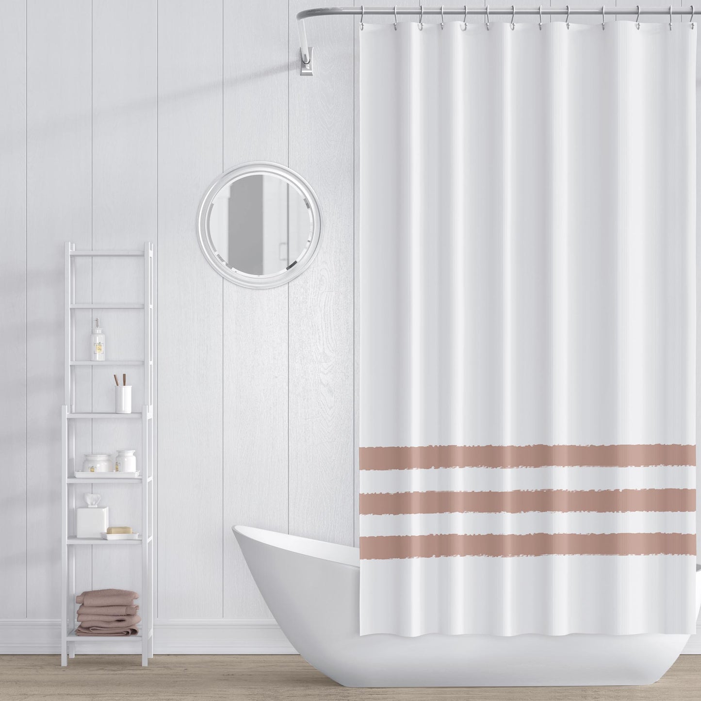 White Shower Curtain with Salmon Hand-painted Stripe Print | SC-1139-A33