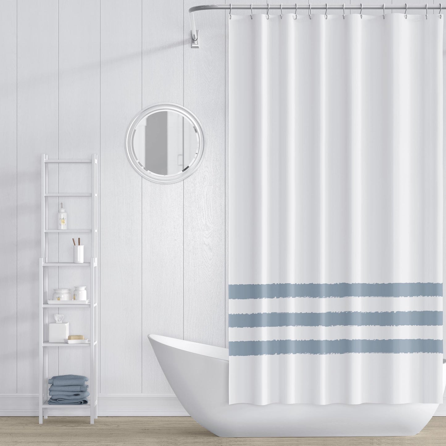 White Shower Curtain with Blue-grey Stripe Print | SC-1141-500