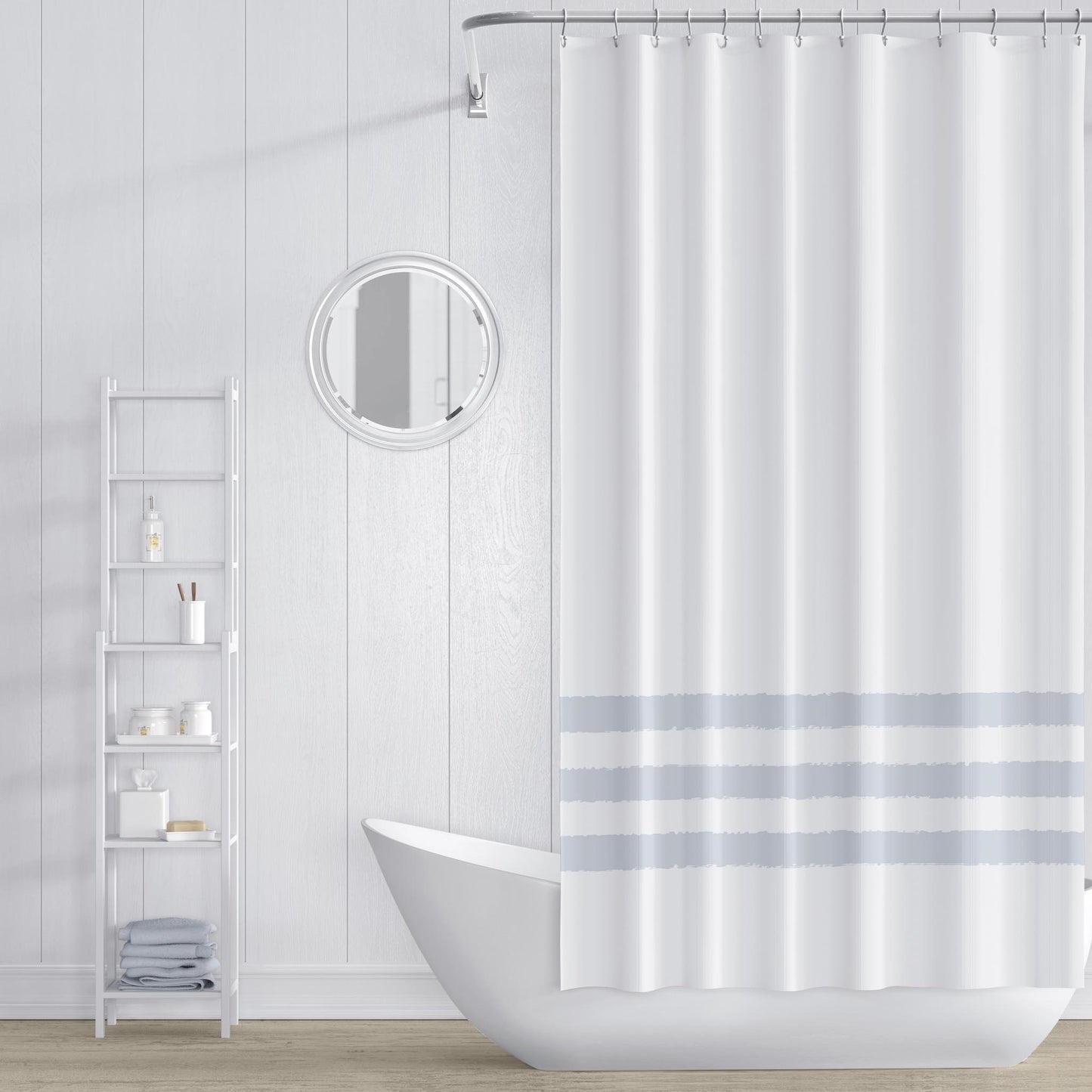 White Shower Curtain with Light Blue-grey Hand-painted Stripe Print | SC-1141-533