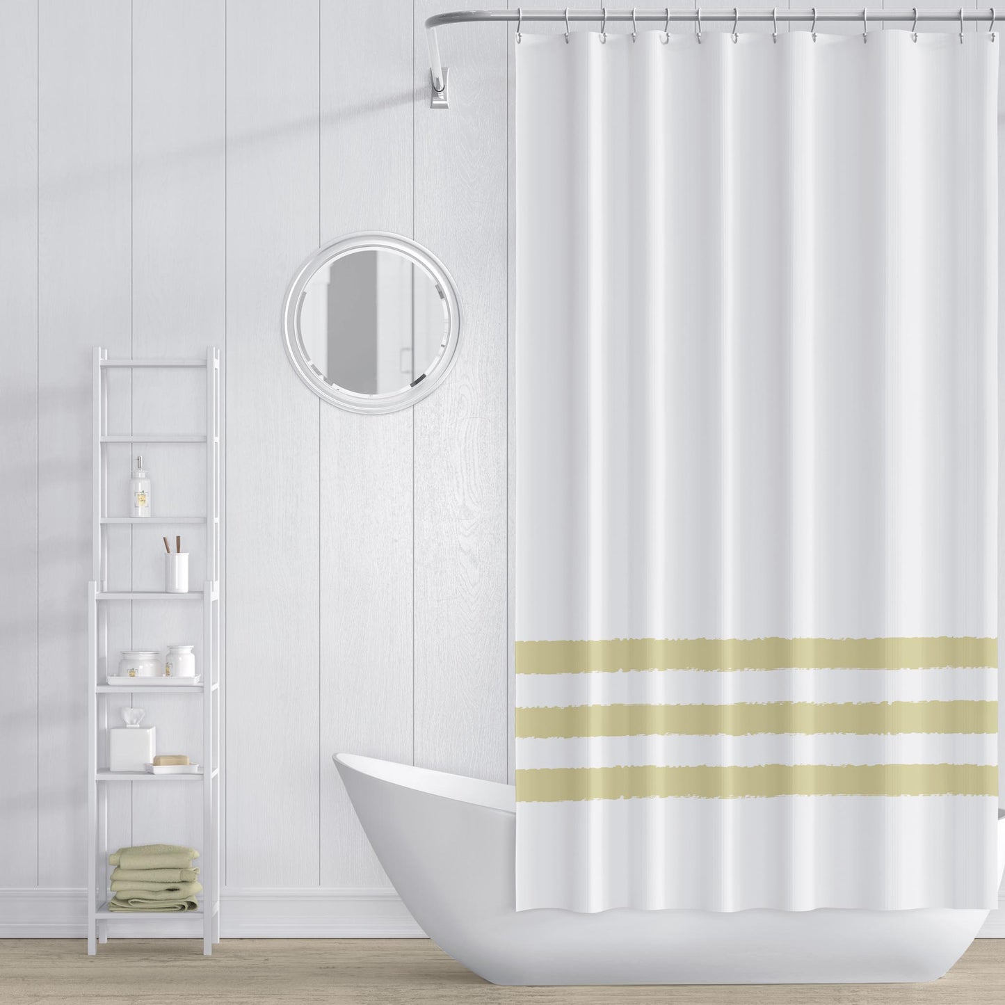 White Shower Curtain with Light Lime Green Hand-painted Stripe Print | SC-1142-367
