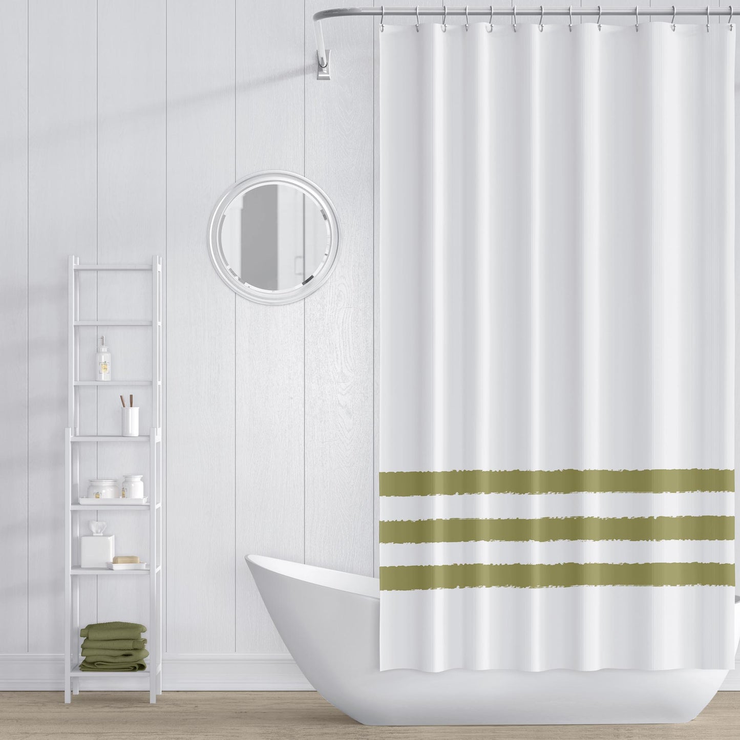 White Polyester Shower Curtain with Green Hand-painted Brush Stroke Print #SC-1142-400