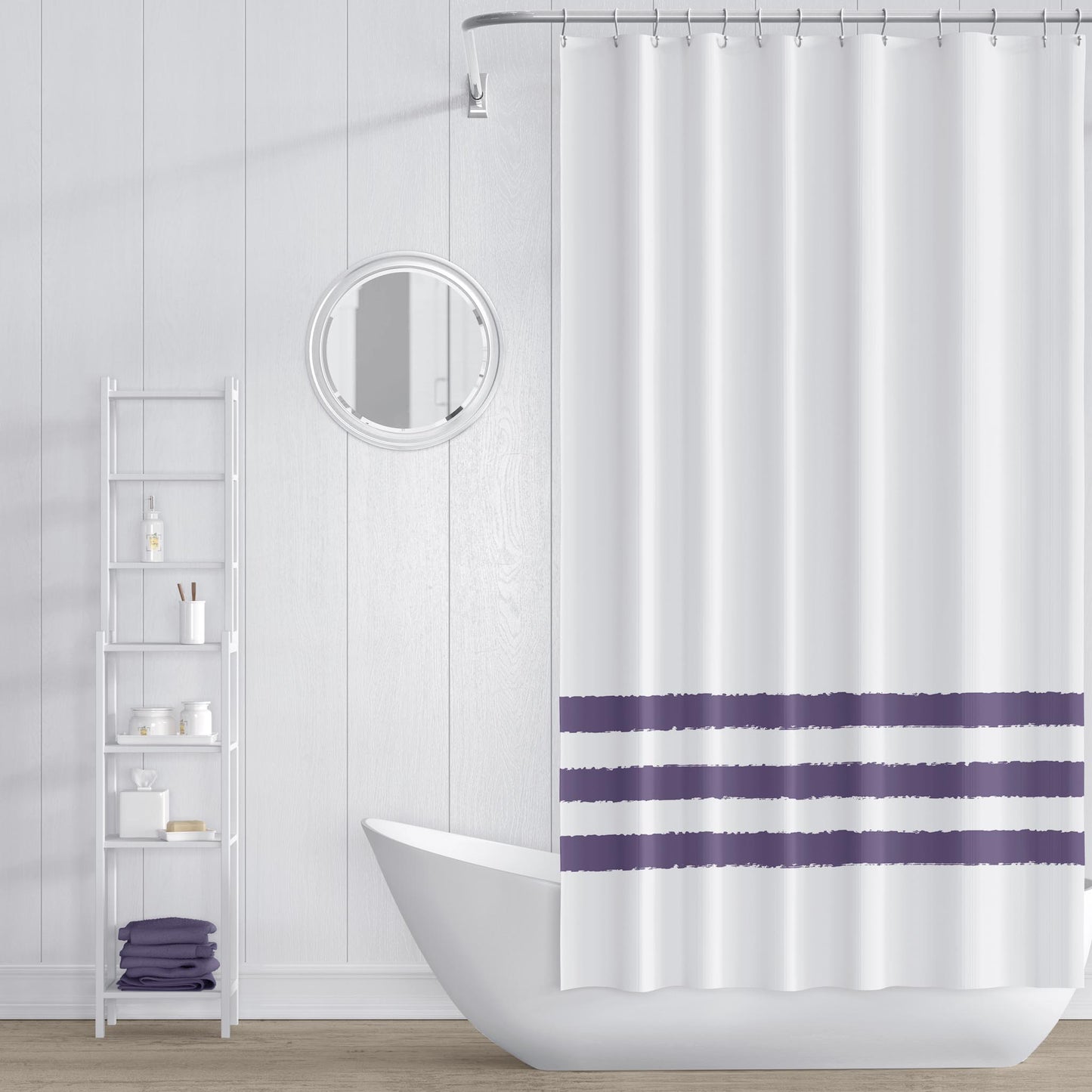 White Shower Curtain with Medium Purple Hand-painted Stripe Print | SC-1143-167