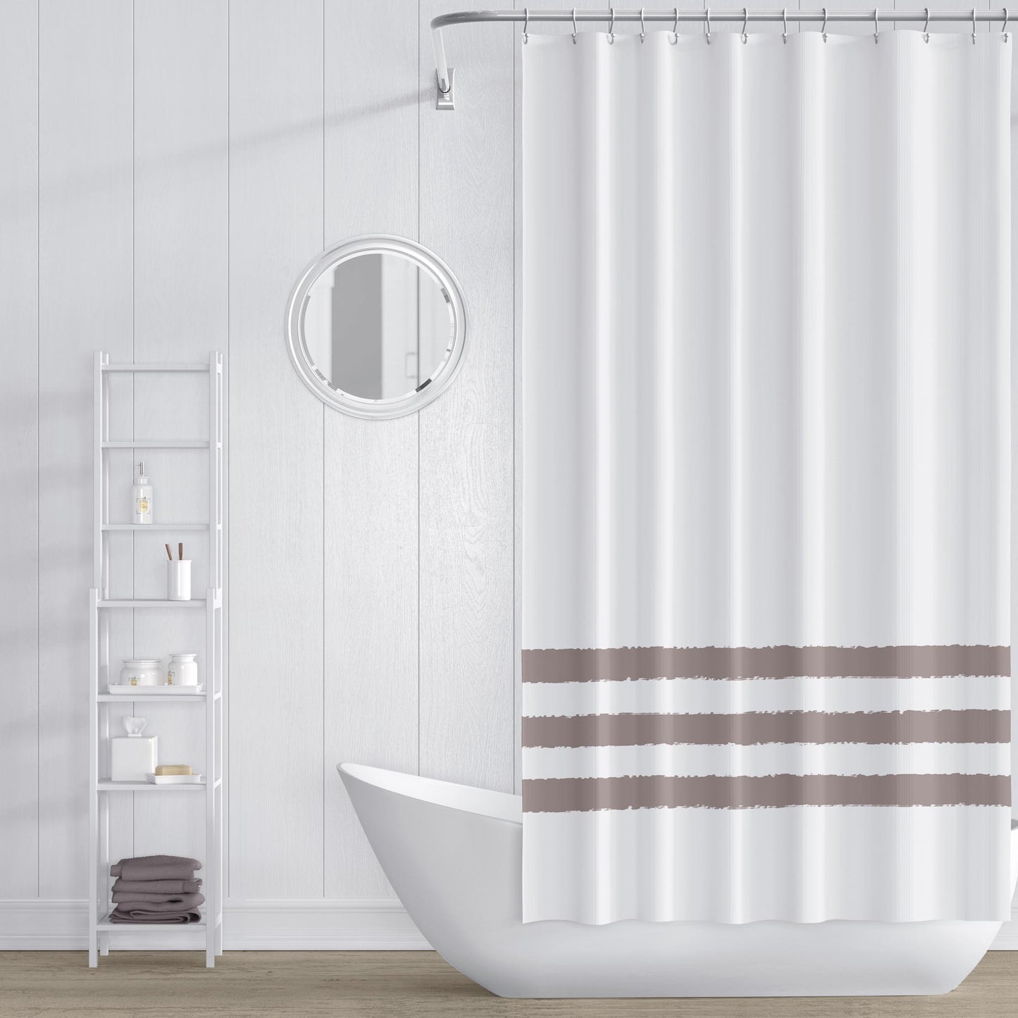 White Shower Curtain with Medium Brown Stripe Print | SC-1161-133