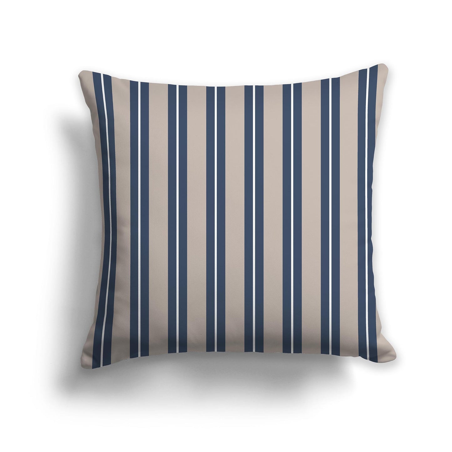 Square Throw Pillow with Taupe, Blue and White Multistripe Pattern