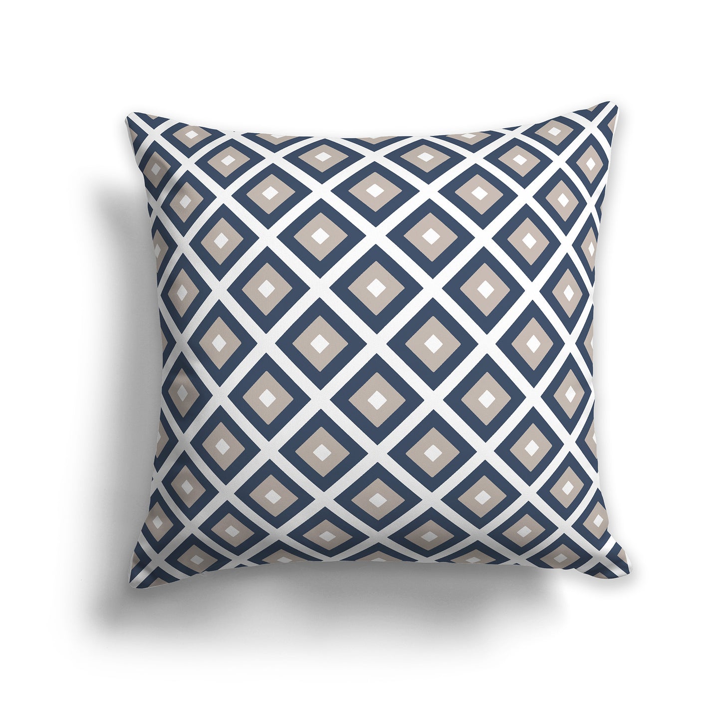 16 inch Throw Pillow with Blue, Taupe and White Square Repeat Pattern